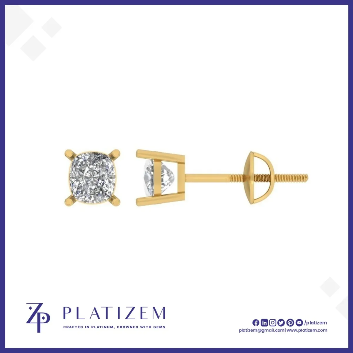 Pt950 Cushion Cut Diamond Stud Earrings for Women