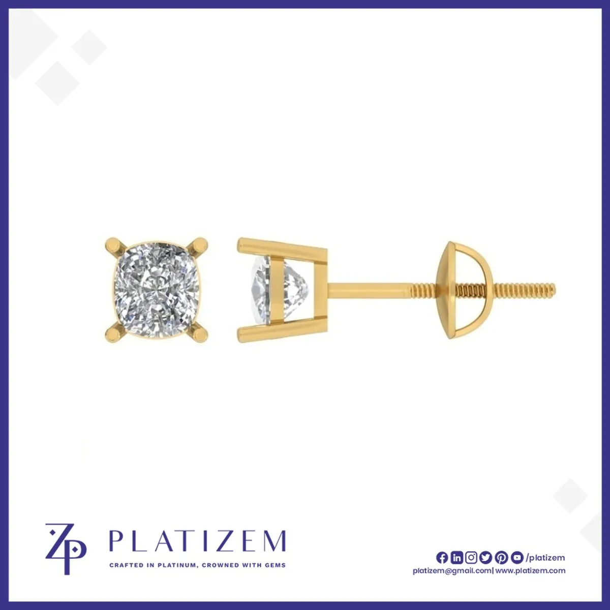 Platinum Cushion Cut Diamond Stud Earrings for Women
