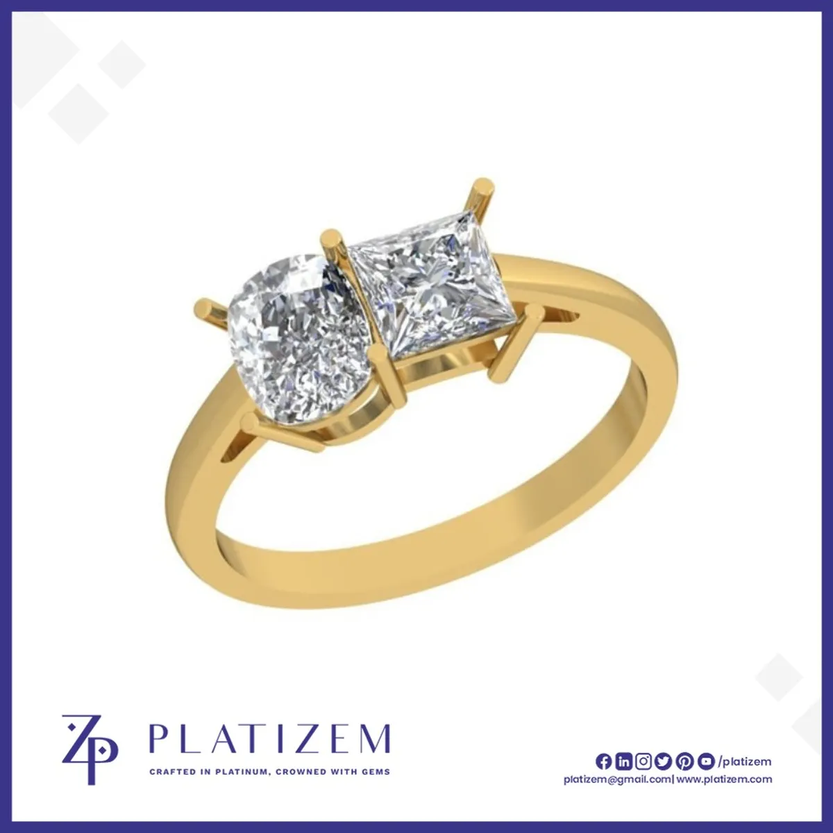 Two Stone Cushion and Princess Diamond Ring for Women