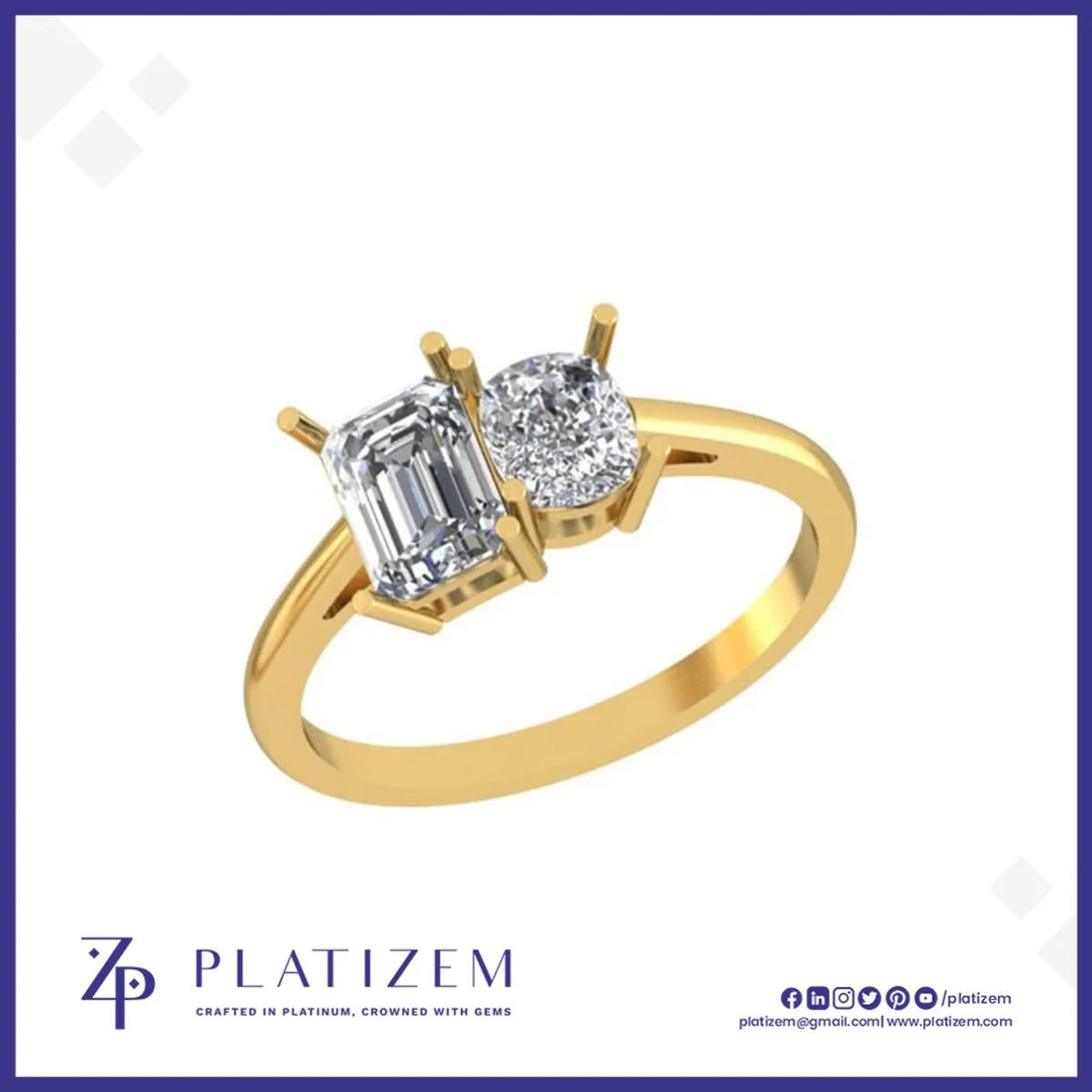 Two Stone Emerald and Cushion Diamond Ring for Women