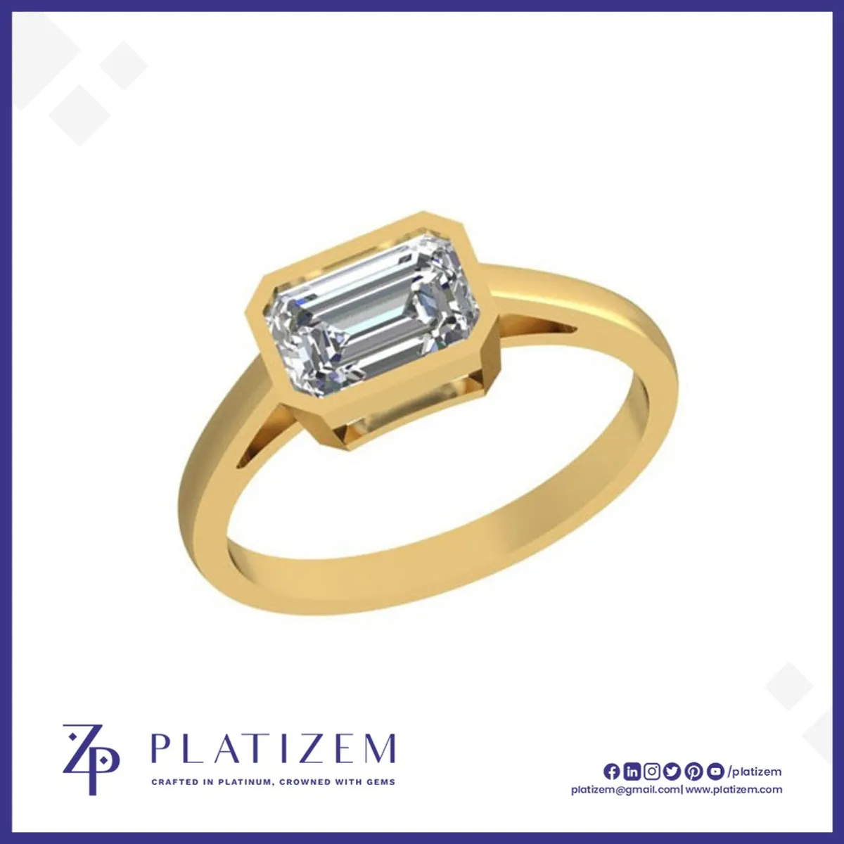 Bezel Set Emerald Cut Diamond Solitaire Platinum Ring for Women