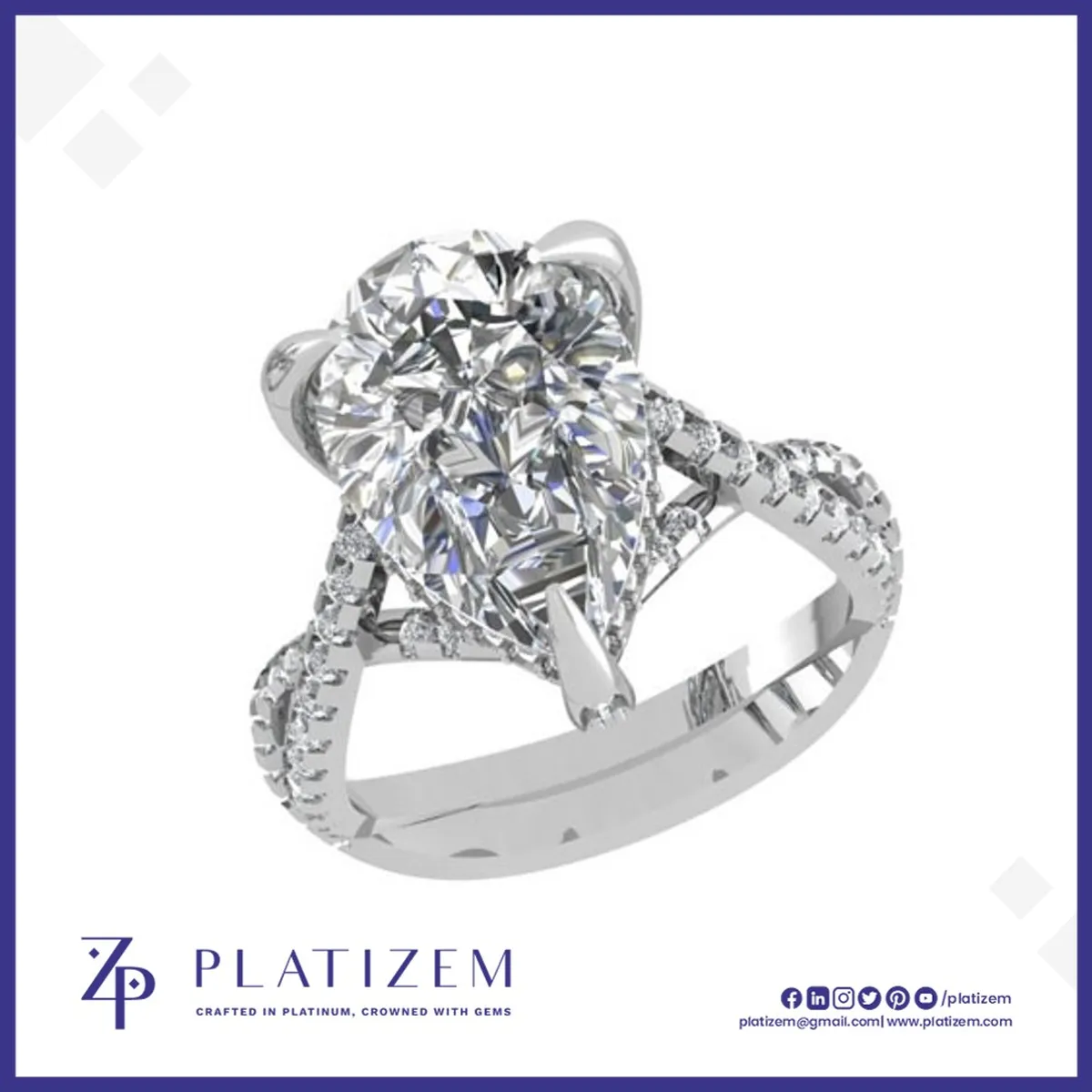 Pear Shape Diamond Ring Featuring a Twisted Shank and Hidden Halo Accent