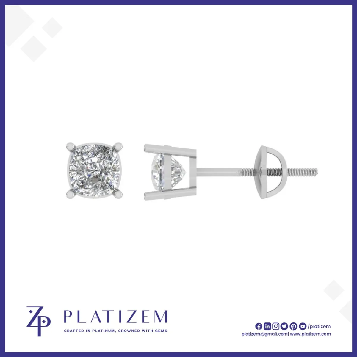 Cushion Cut Stud Earrings Screw Back Post
