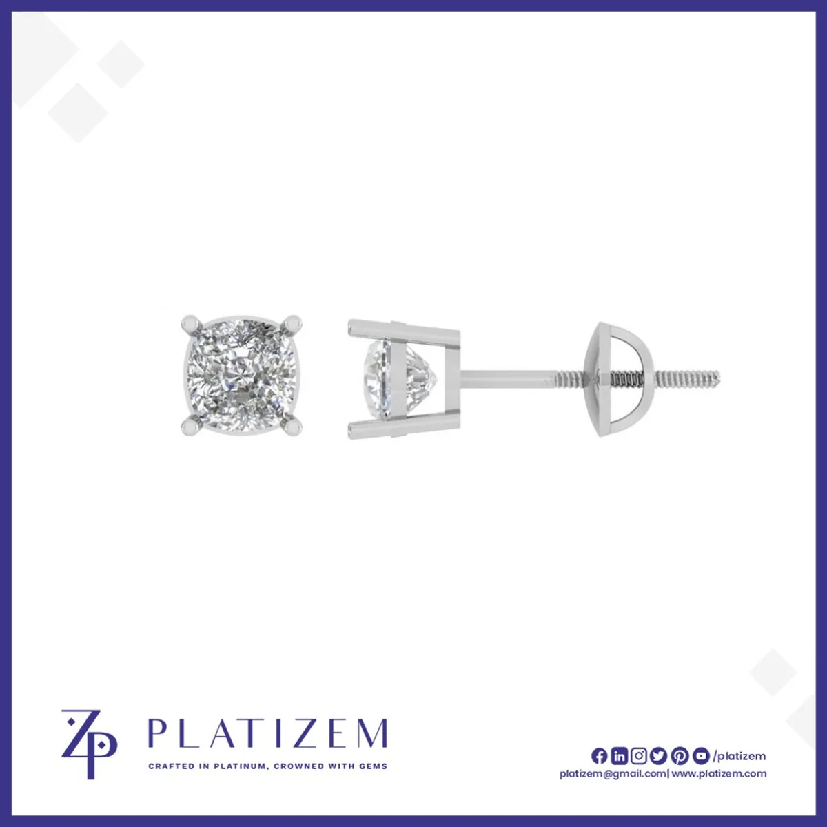 Cushion Cut Diamond Stud Earrings Prong Set