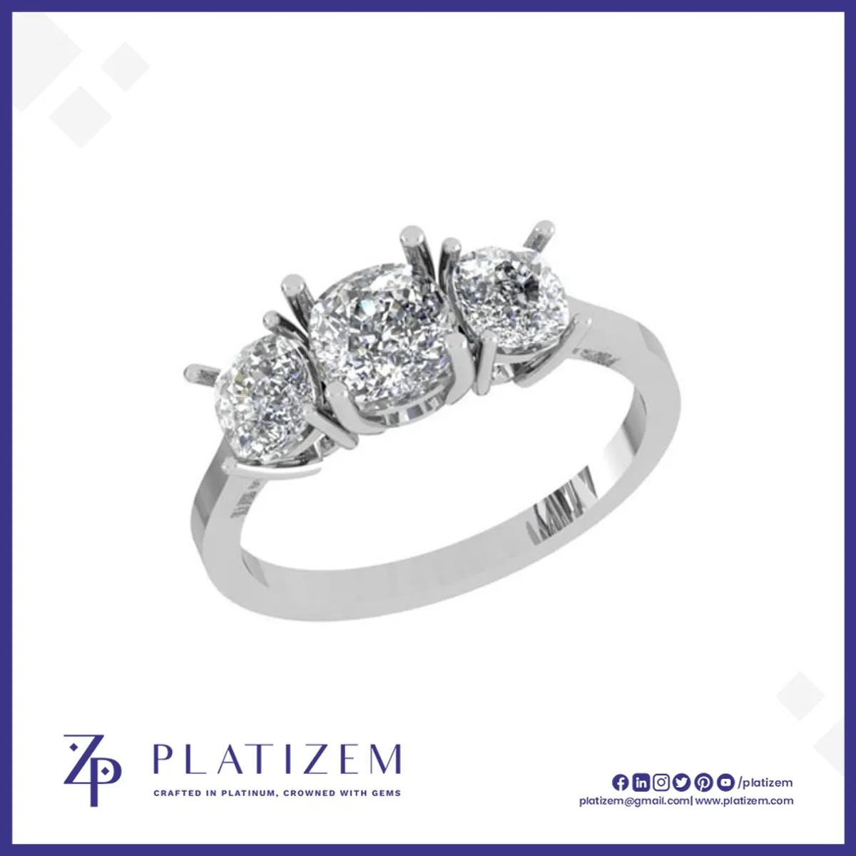 Cushion Cut Trilogy Ring on Slim Band
