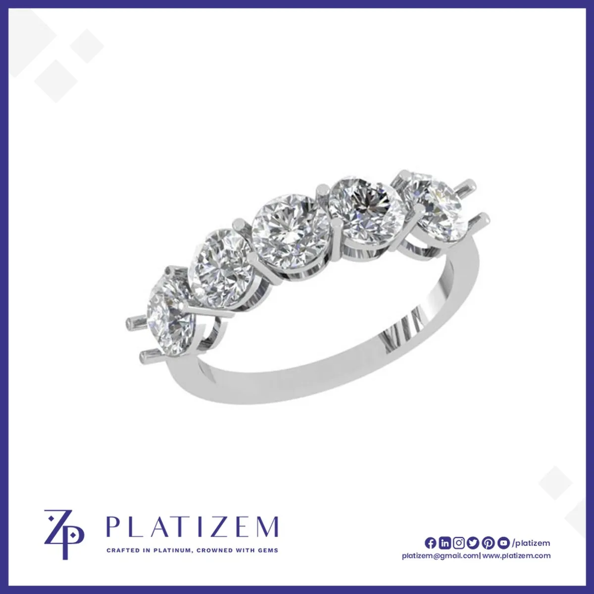 Five Even Round Diamonds Prong Set Across a Substantial Wide Band