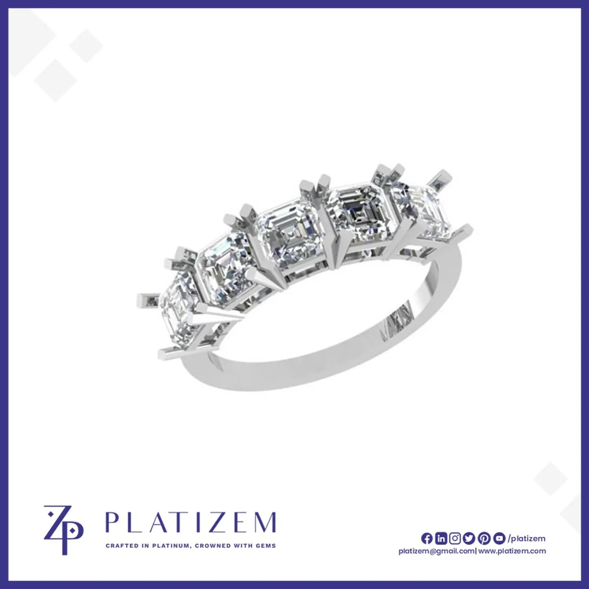 Five Square Asscher Cut Diamonds Set with Bold Symmetry Across the Band