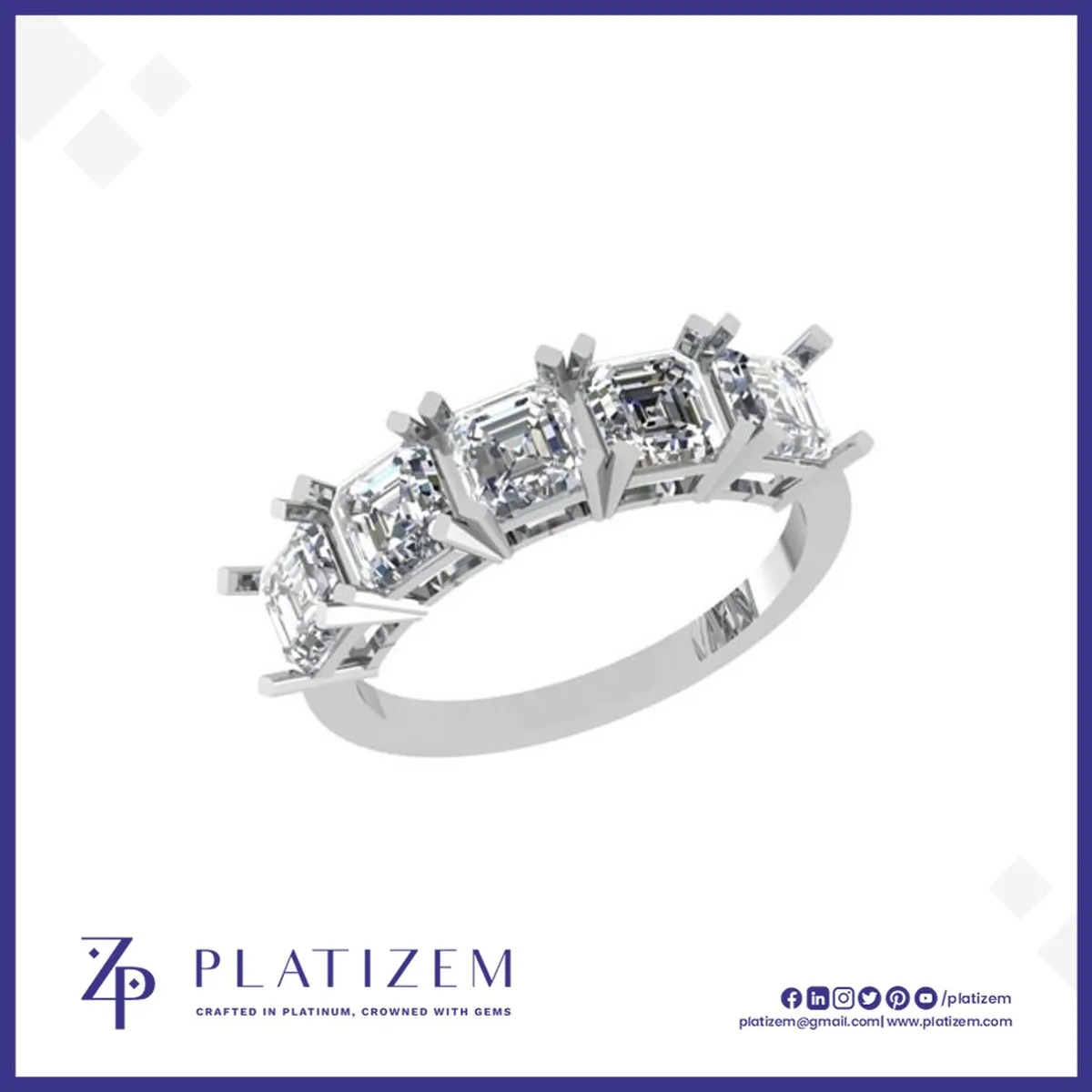 Five Matching Asscher Cut Diamonds Set Across a Wide Diamond Band