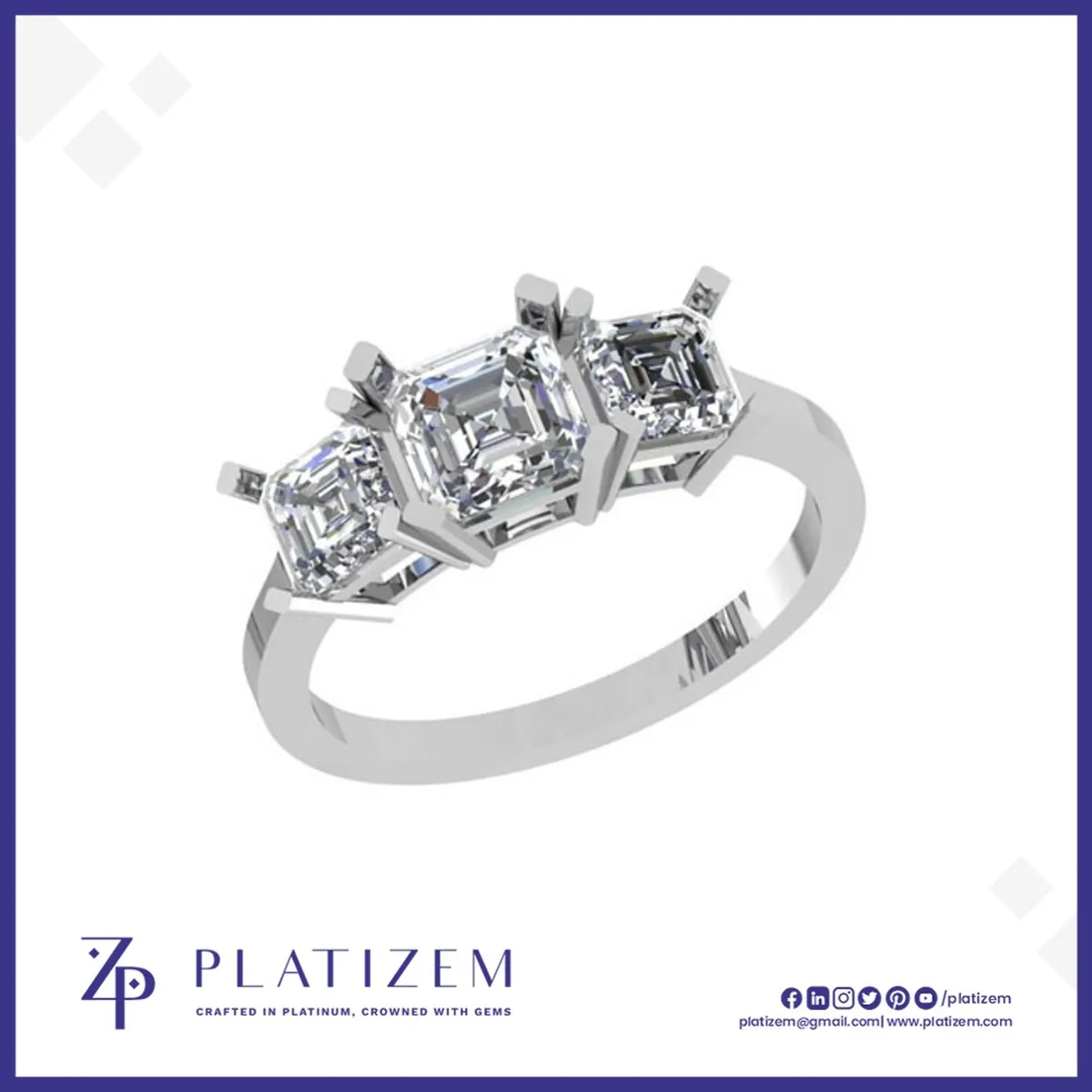 9kt Gold Three Stone Asscher Cut Diamond Engagement Ring for Women