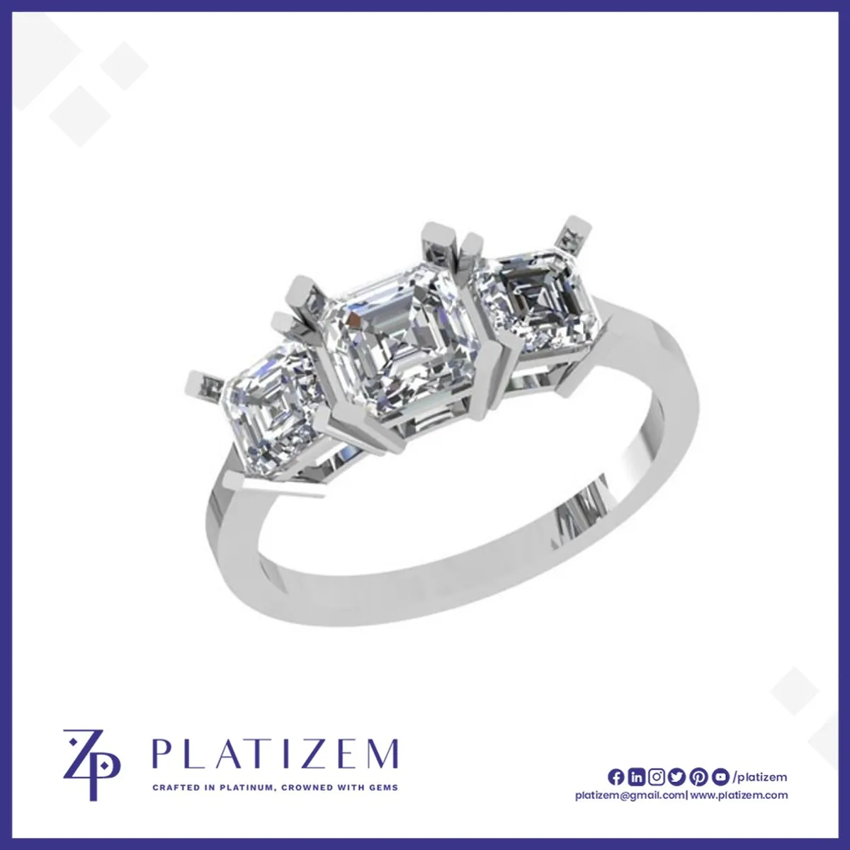 14kt Gold Three Stone Asscher Cut Diamond Engagement Ring for Women