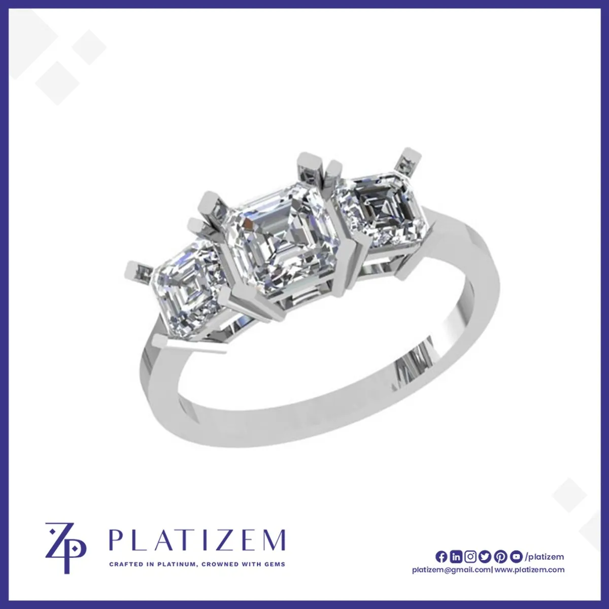 Three Stone Asscher Cut Diamond Ring with a Bold Center Stone Focus
