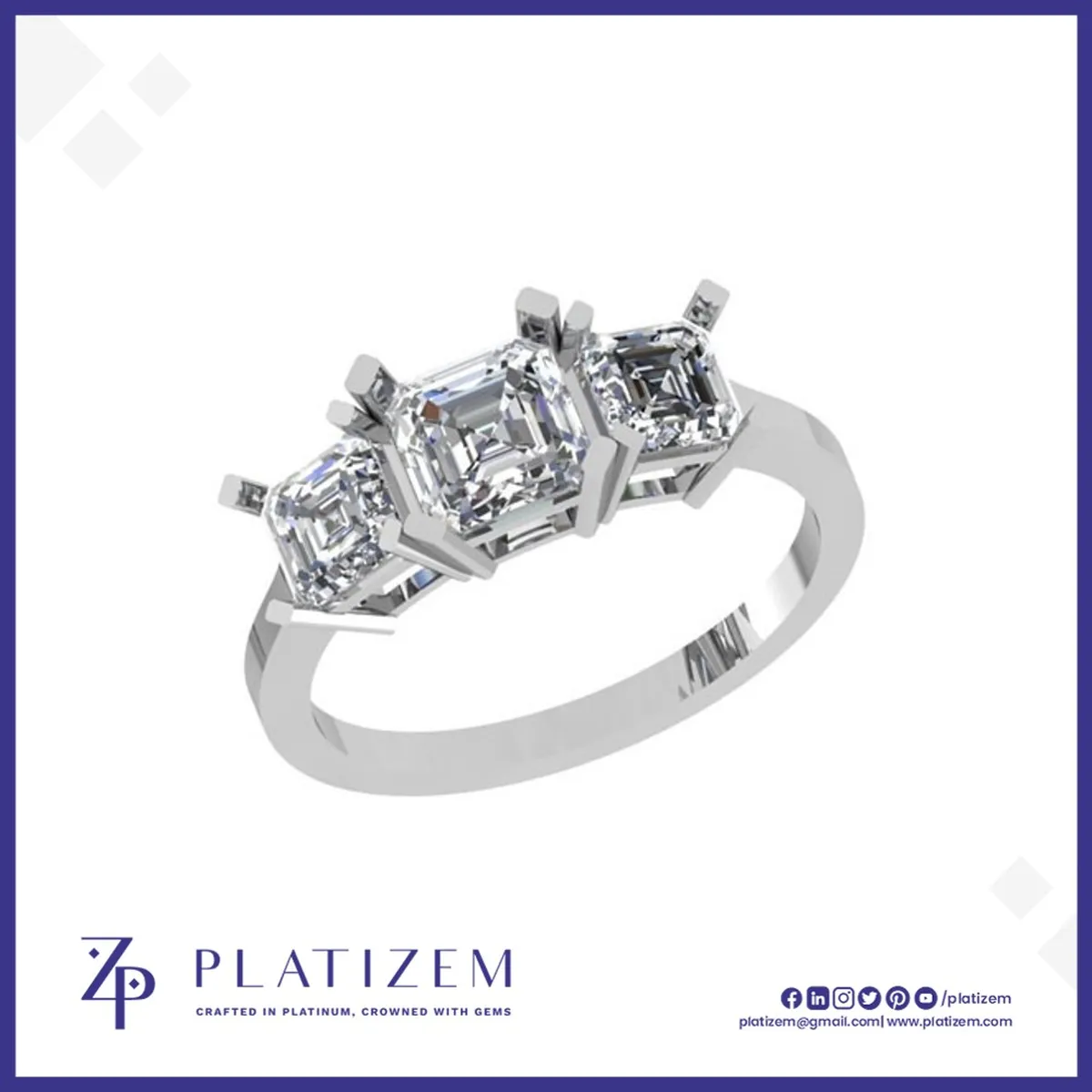 Three Stone Asscher Cut Diamond Engagement Ring for Women