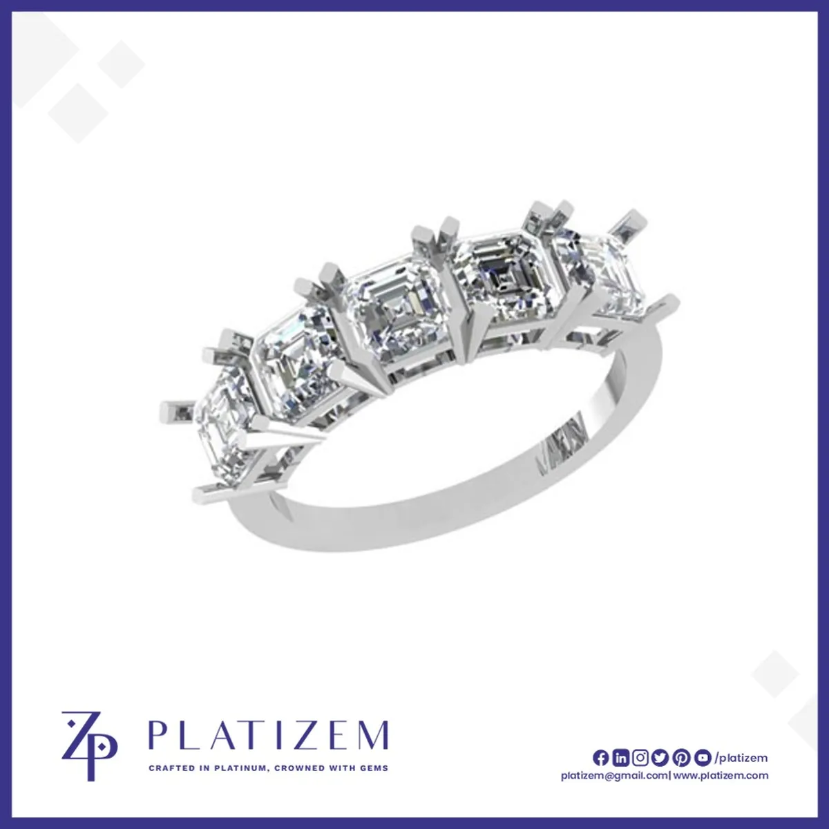 Platinum Pt950 Five Stone Asscher Cut Diamond Ring for Women
