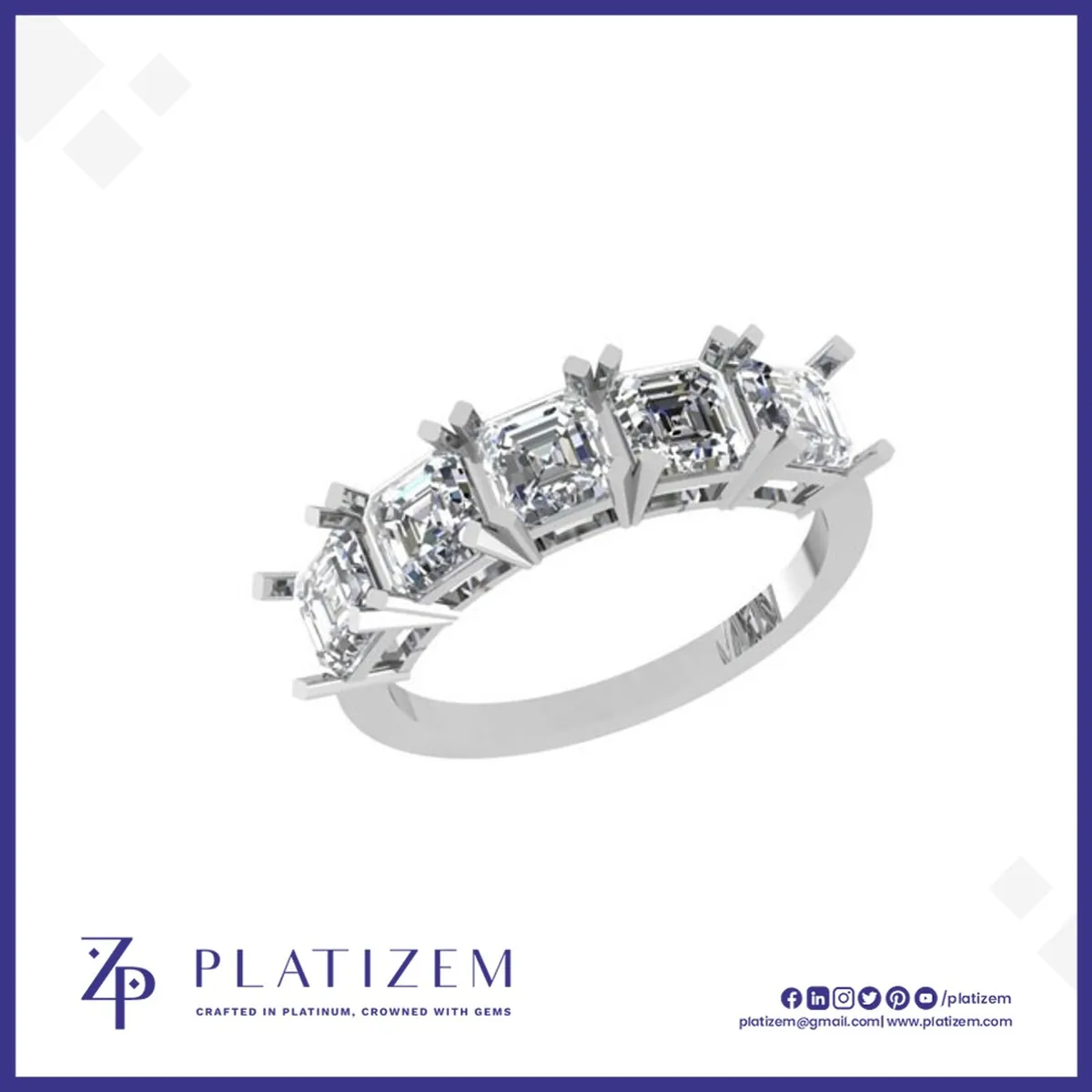 Five Square Asscher Cut Diamonds Set Together on a Wide Diamond Band
