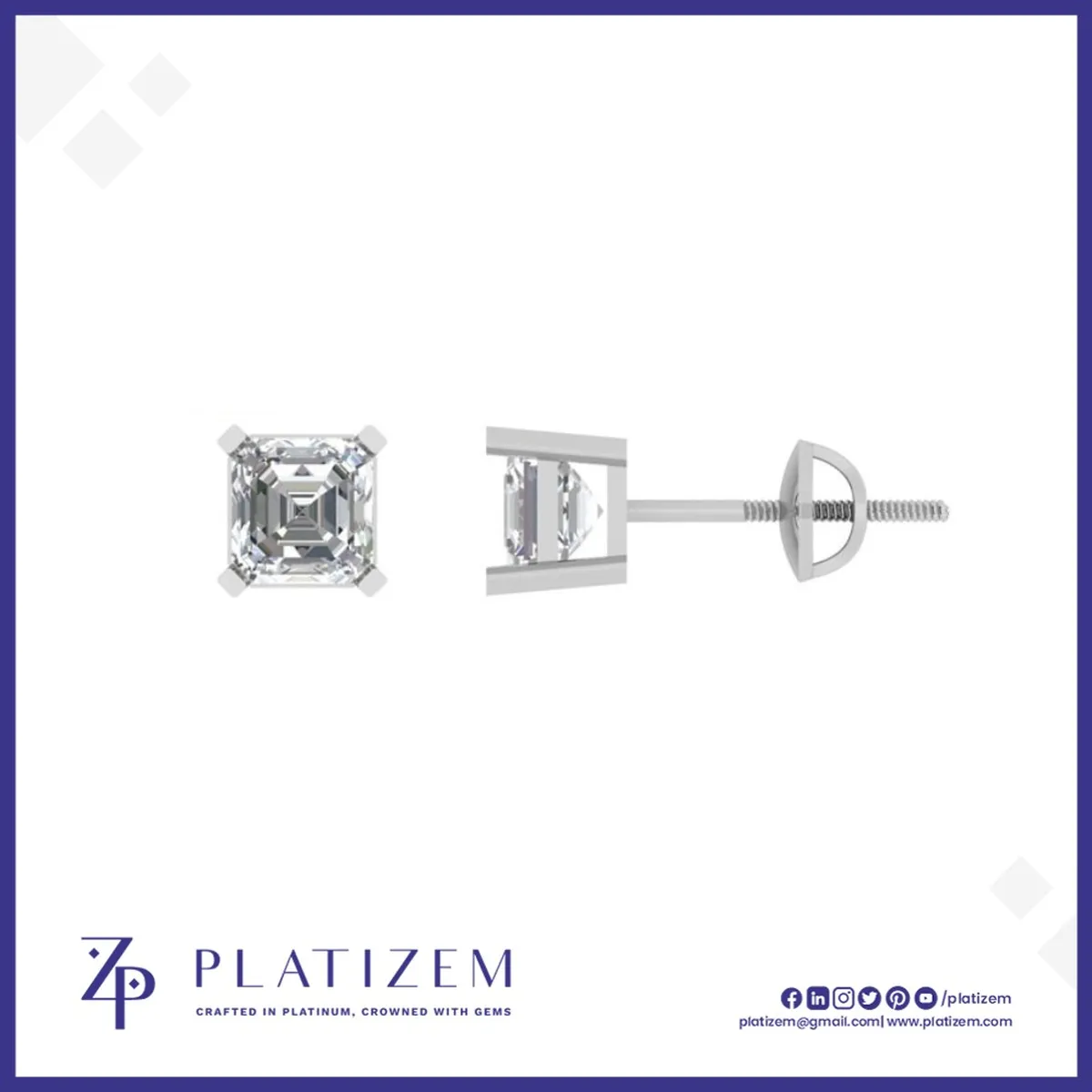 Asscher Cut Diamond Stud Earrings Set with Sharp Cropped Corners