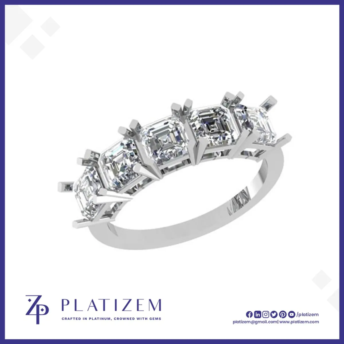 Five Square Asscher Cut Diamonds Set Along a Substantial Wide Band