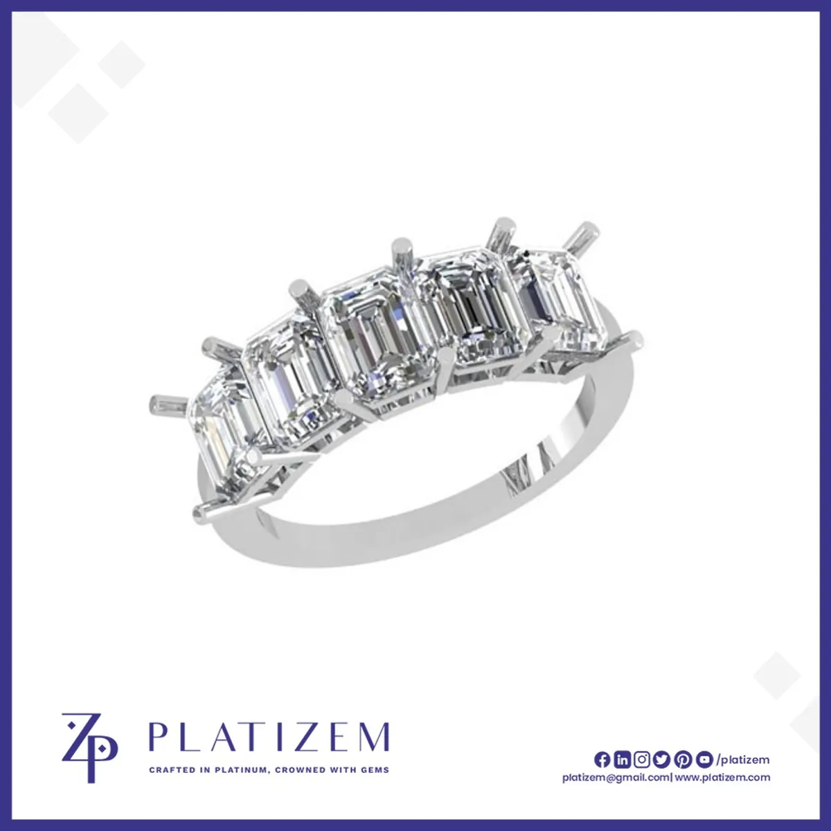 Five Large Emerald Cut Diamonds Set Together on a Sturdy Wide Band