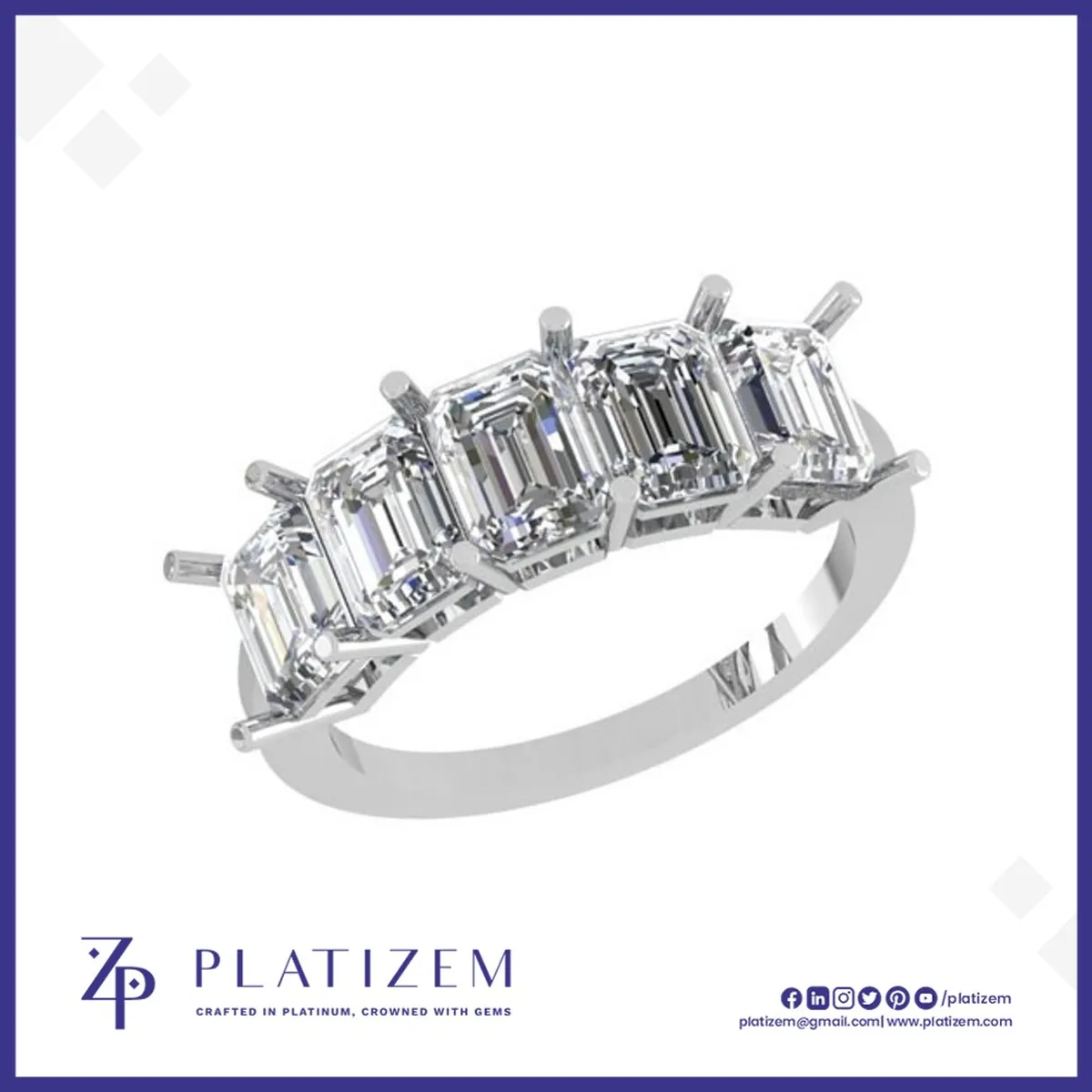 Five Uniform Emerald Cut Diamonds Set Together for Maximum Impact