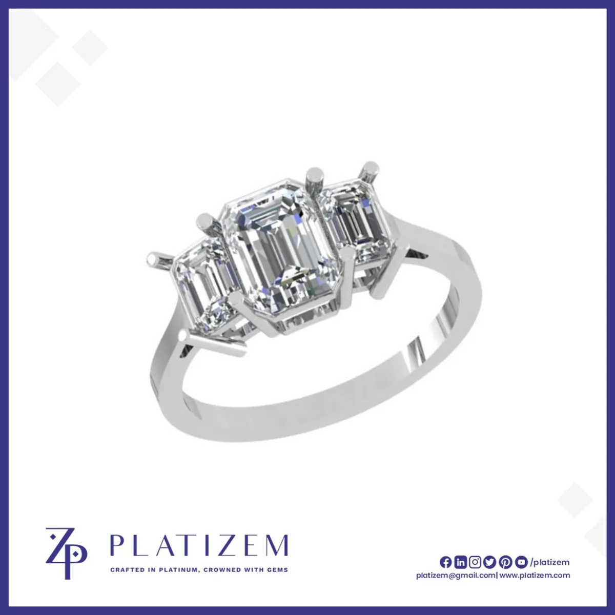 Three Stone Emerald Cut Diamond Engagement Ring for Women