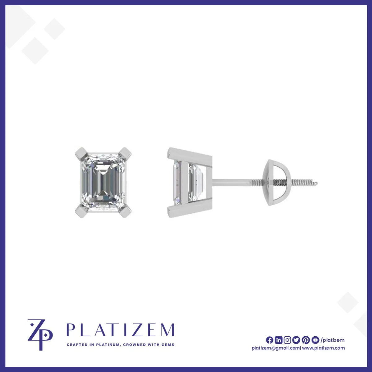 Substantial Emerald Cut Diamond Studs Finished with Screw Back Posts