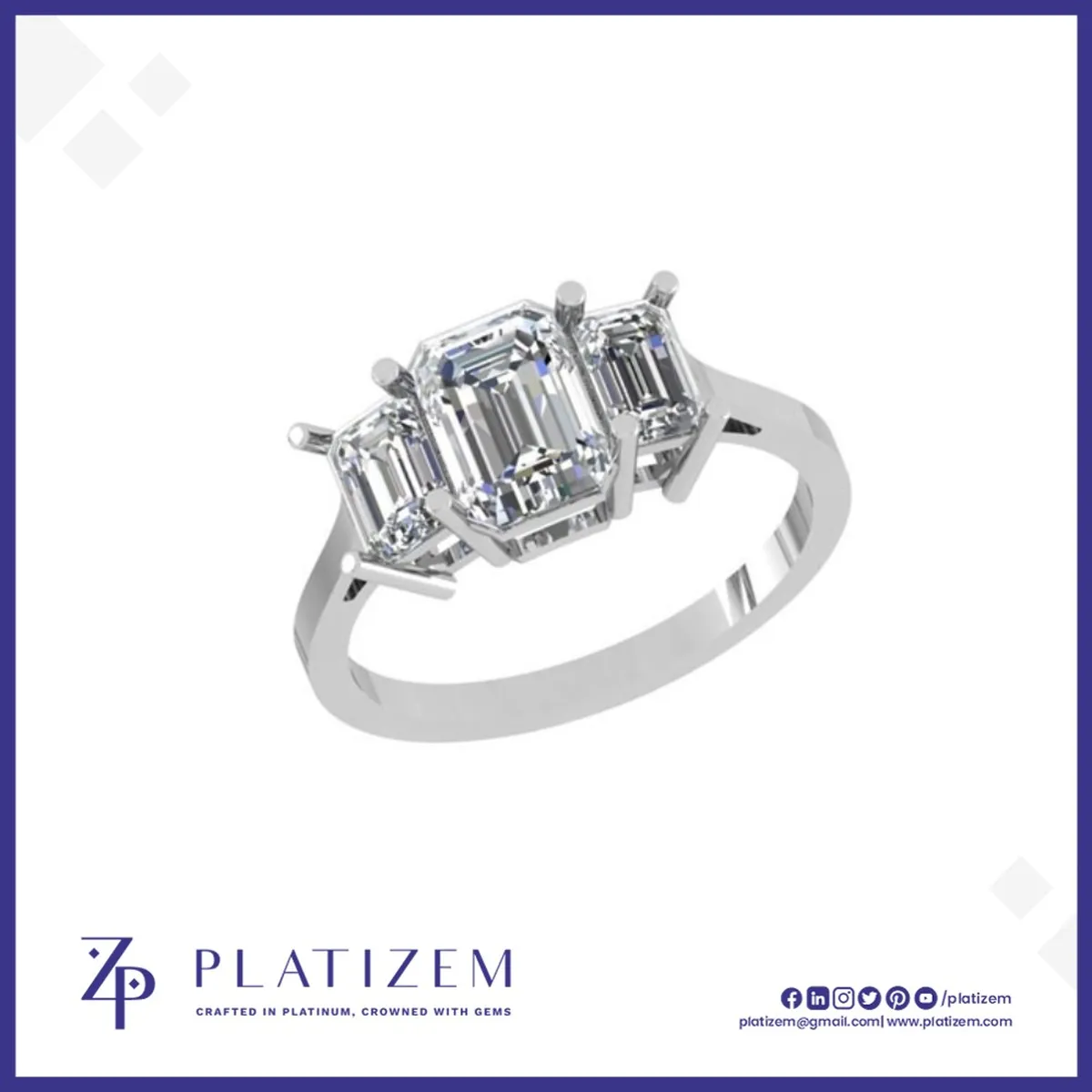 18kt Gold Three Stone Emerald Cut Diamond Engagement Ring for Women
