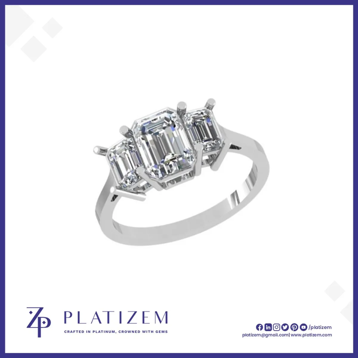 Three Stone Ring Pairing a Statement Emerald Cut with Matching Sides