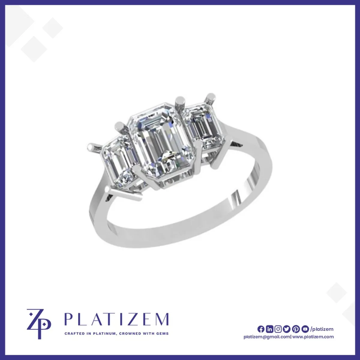 Emerald Cut Diamond Ring Featuring a Dramatic Center Between Two Sides