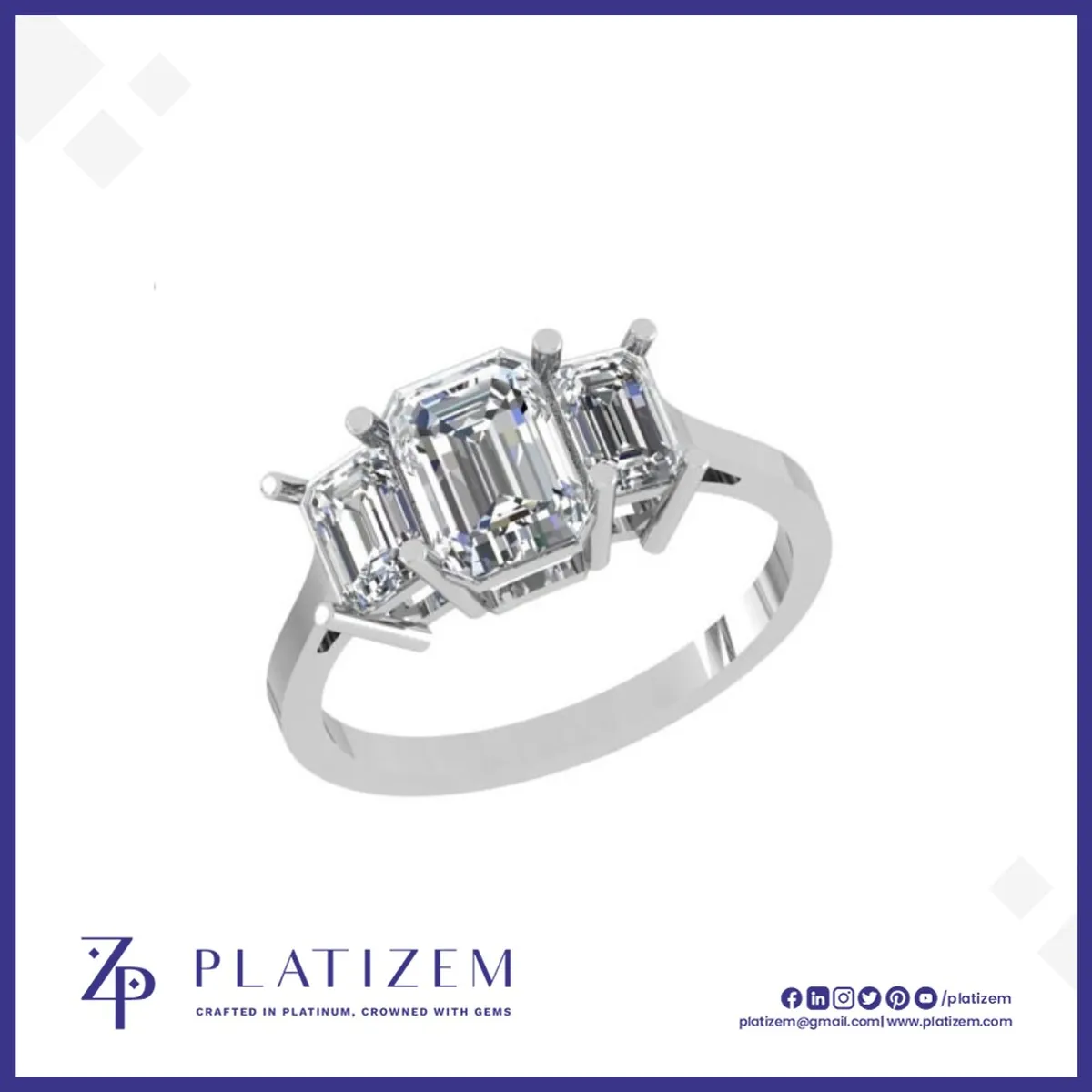 Three Stone Emerald Cut Diamond Ring with a Distinctly Larger Center