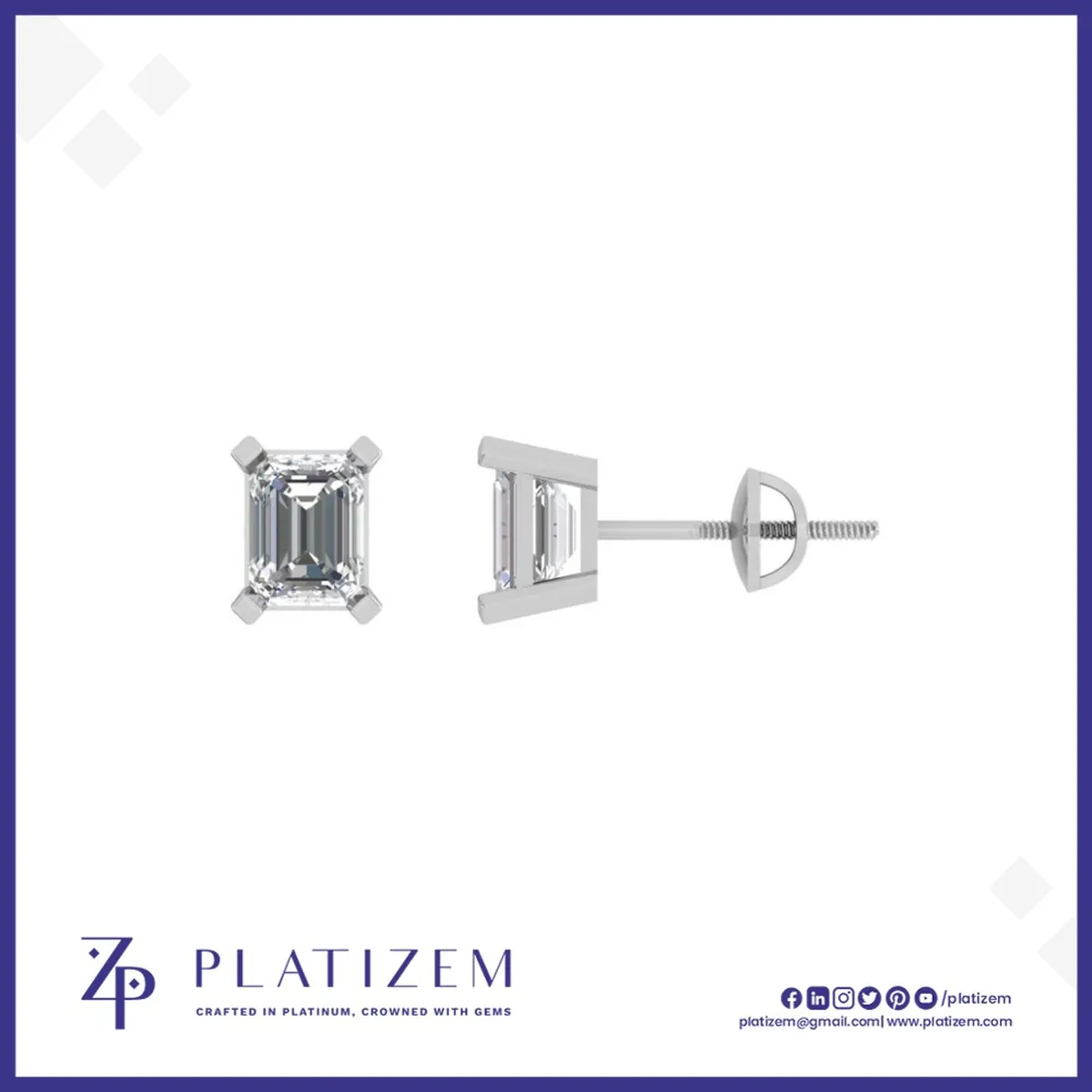 Larger Emerald Cut Diamond Studs Set on a Sturdy Four Prong Base
