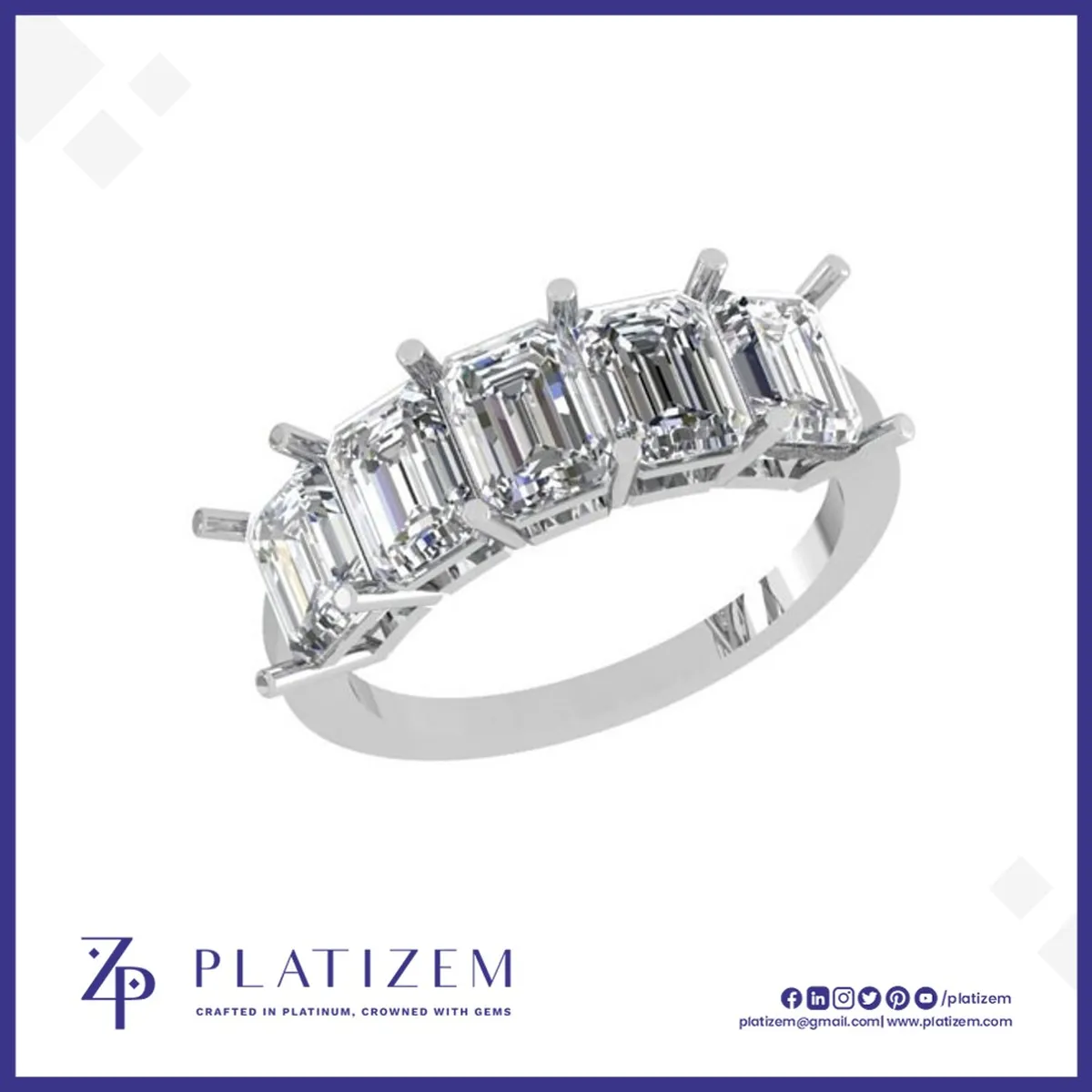 Wide Five Stone Emerald Cut Diamond Ring with Substantial Carat Weight
