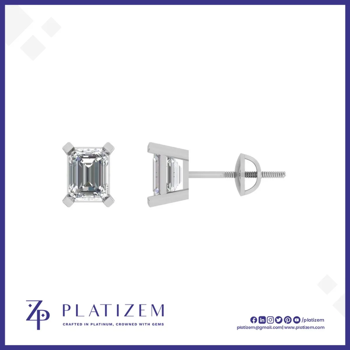 Matched Emerald Cut Diamond Studs Set with Four Point Prong Corners