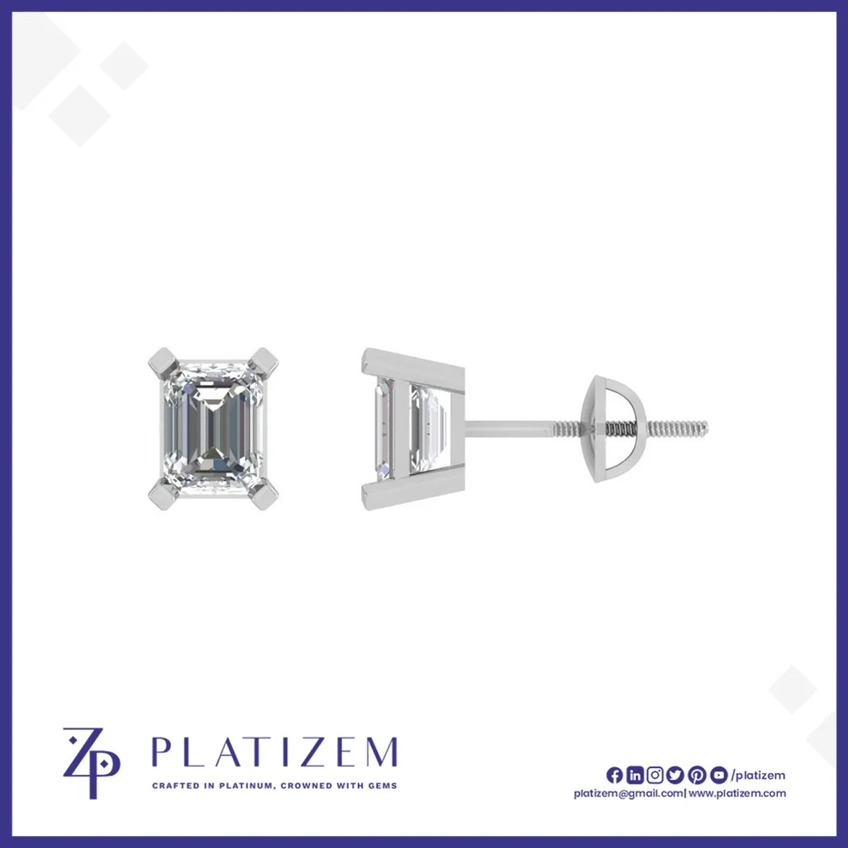 Emerald Cut Diamond Studs with a Simple Four Claw Prong Setting