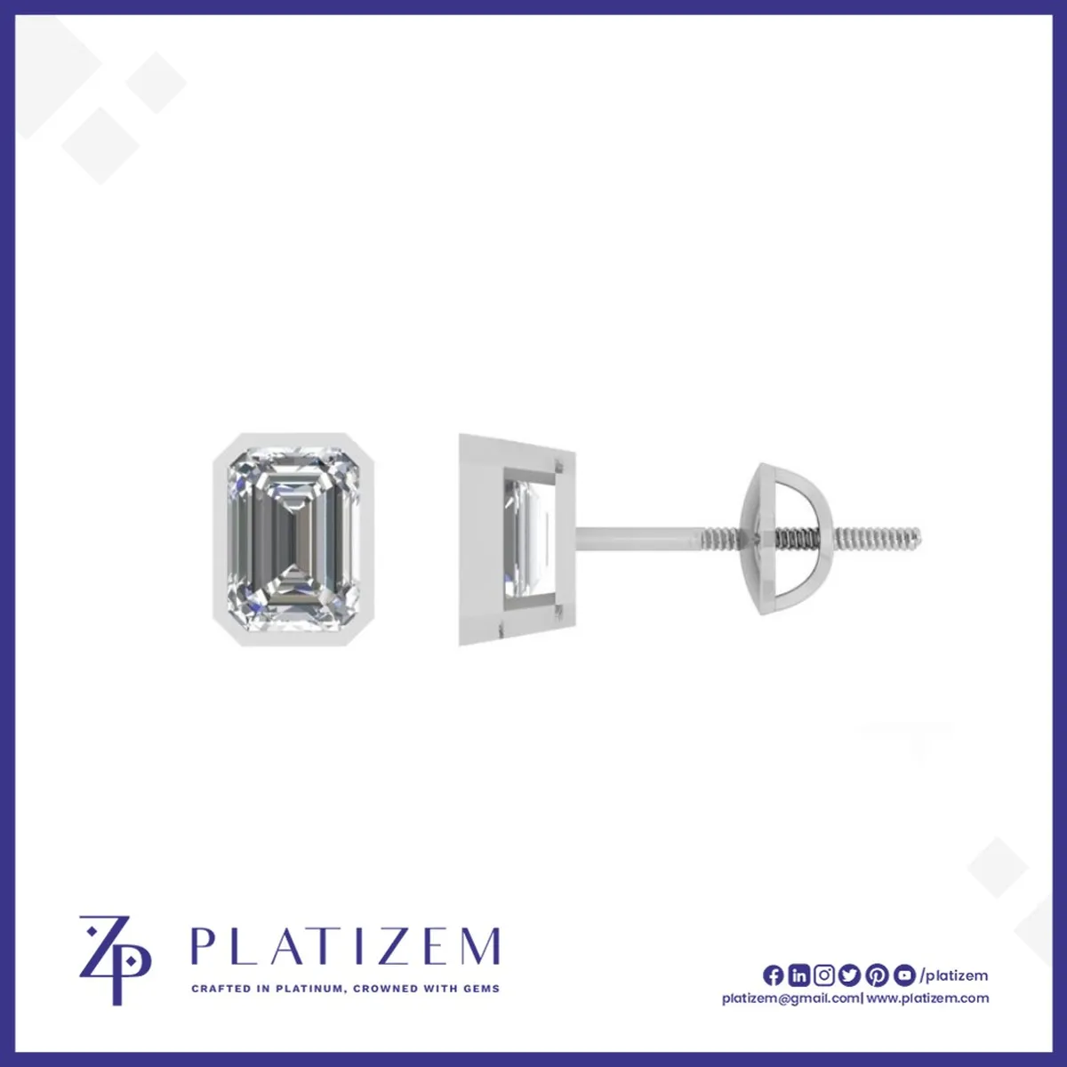 Emerald Cut Diamond Screw Back Stud Earrings for Women
