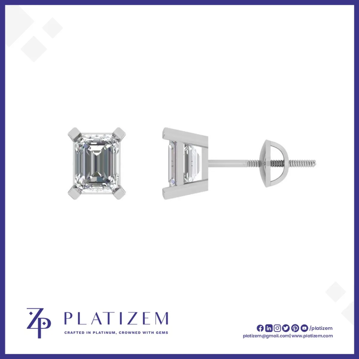 Emerald Cut Diamond Stud Earrings with a Traditional Prong Mounting