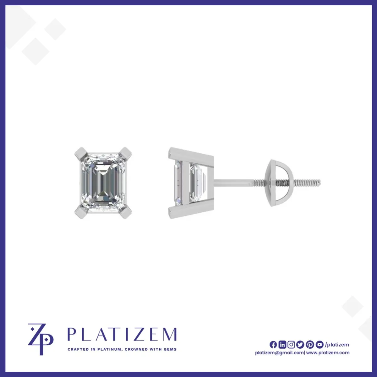 Emerald Cut Diamond Studs Anchored by a Simple Four Prong Frame