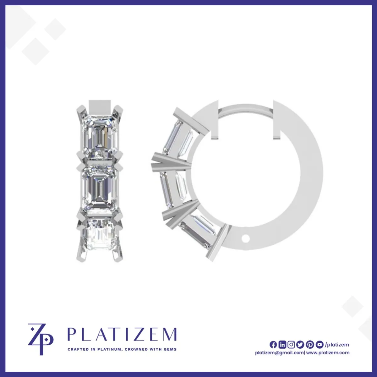 Three Stone Emerald Cut Diamond Huggie Hoops for Women
