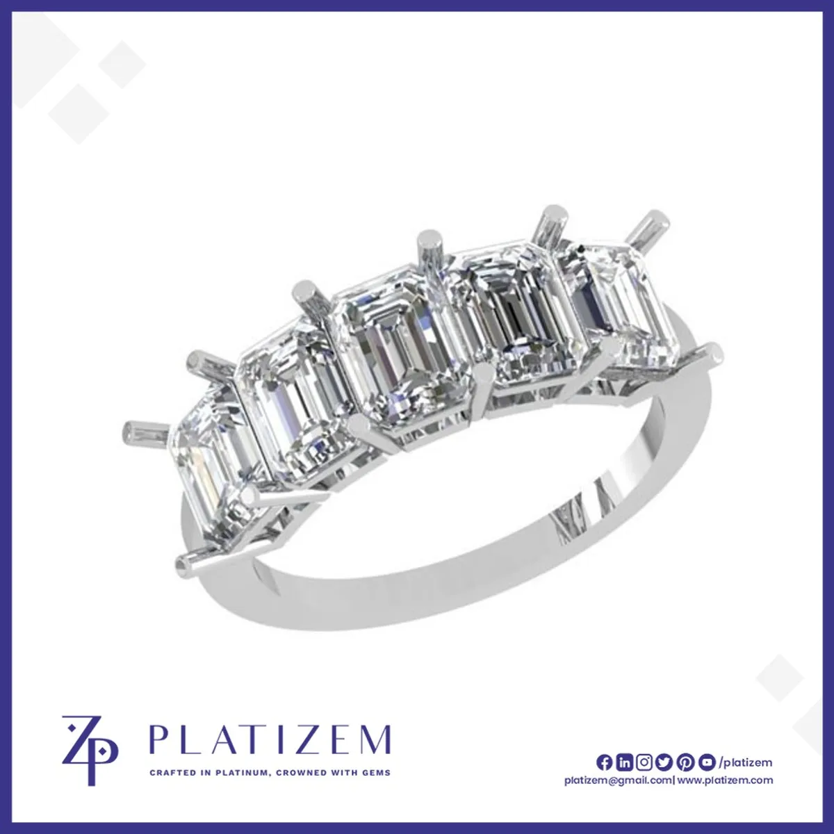 Five Stone Emerald Cut Diamond With Platinum Pt950 Ring for Women