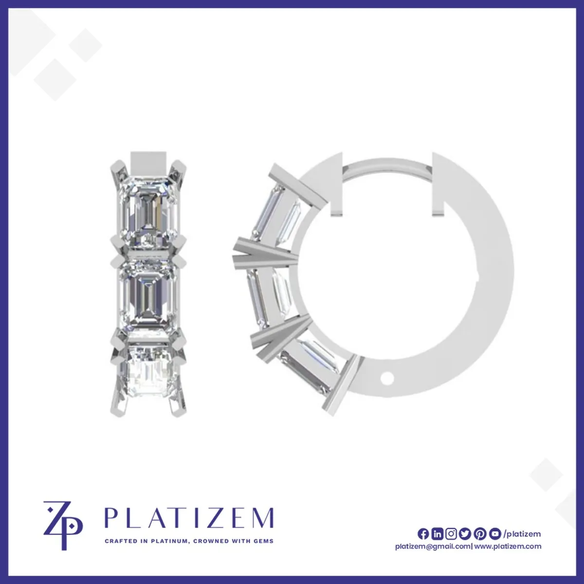 Three Stone Emerald Cut Diamond Hoop Earrings for Women