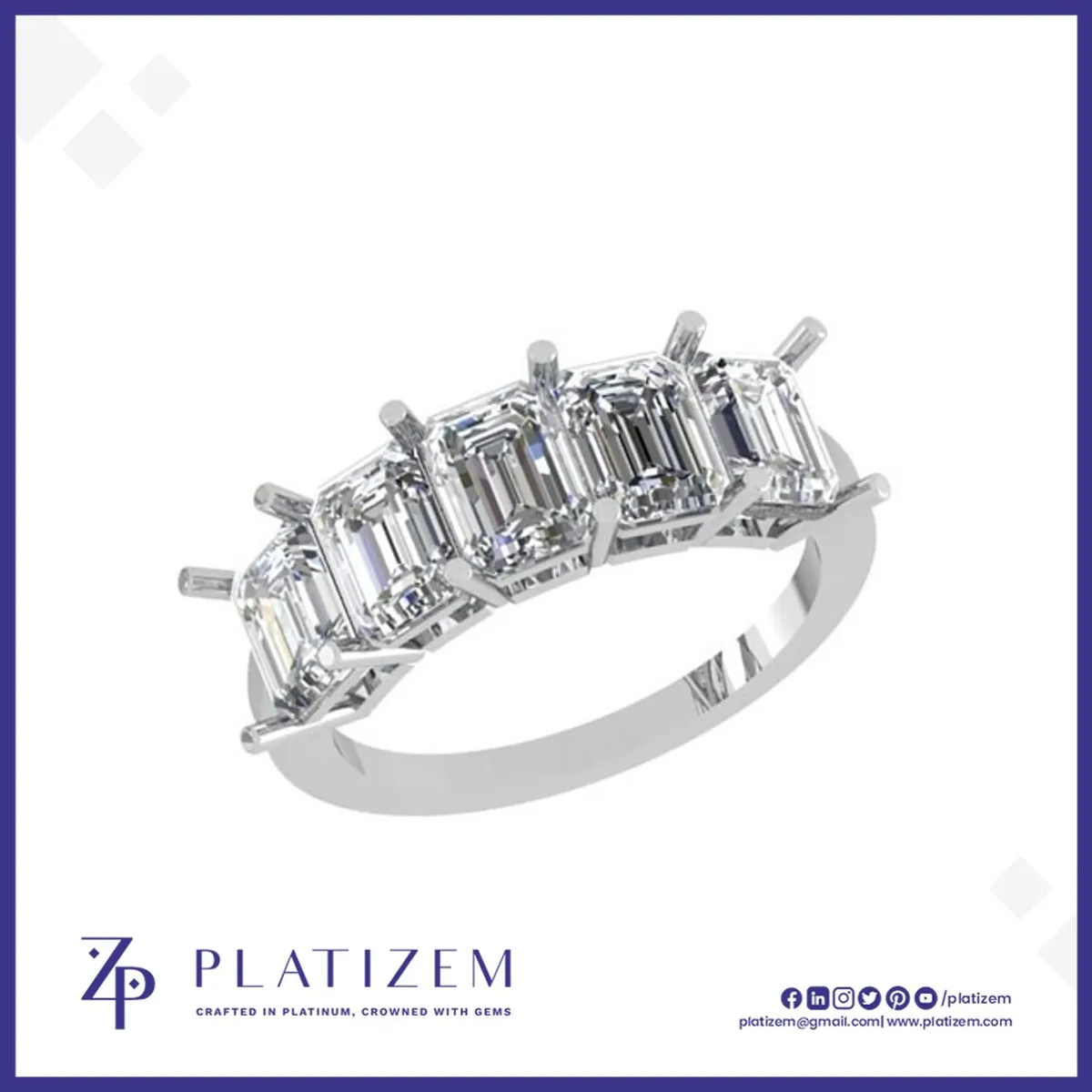 Five Bold Emerald Cut Diamonds Arranged Across a Substantial Prong Band