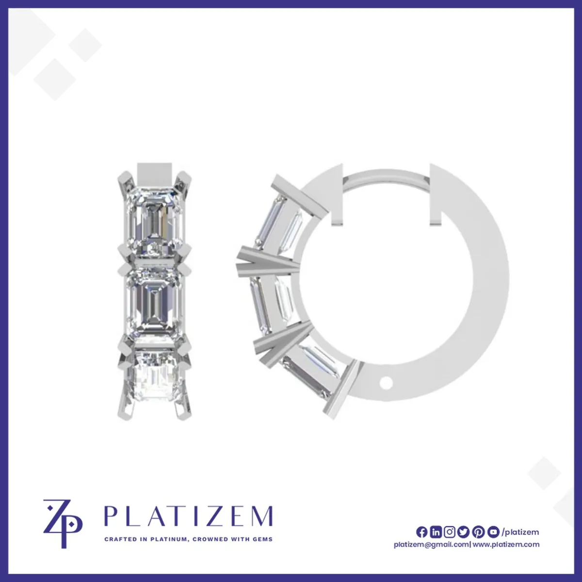 Vertical Trio of Emerald Cut Diamonds Set Into a Snug Huggie Hoop
