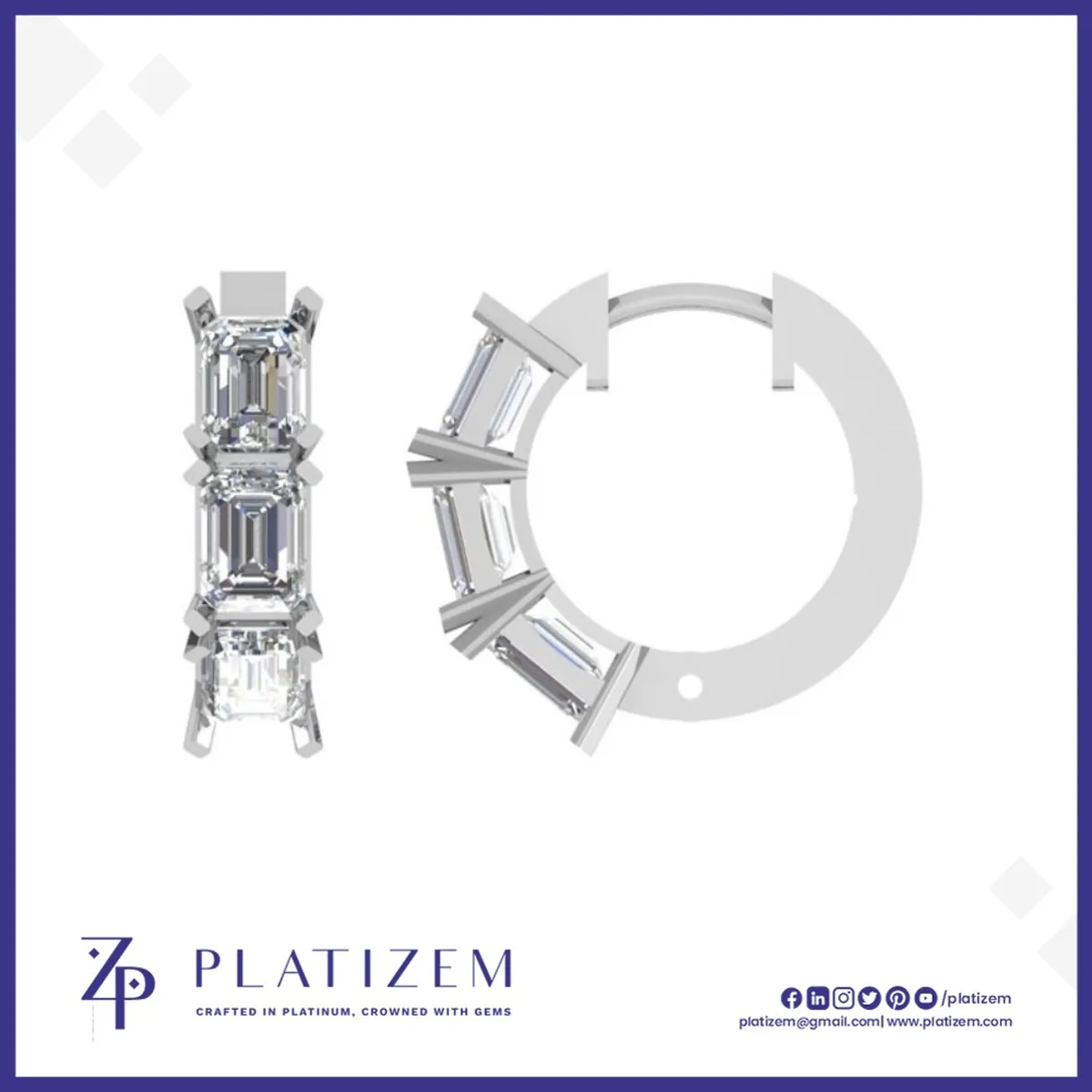 Emerald Cut Diamonds Line the Front of a Compact Prong Set Hoop