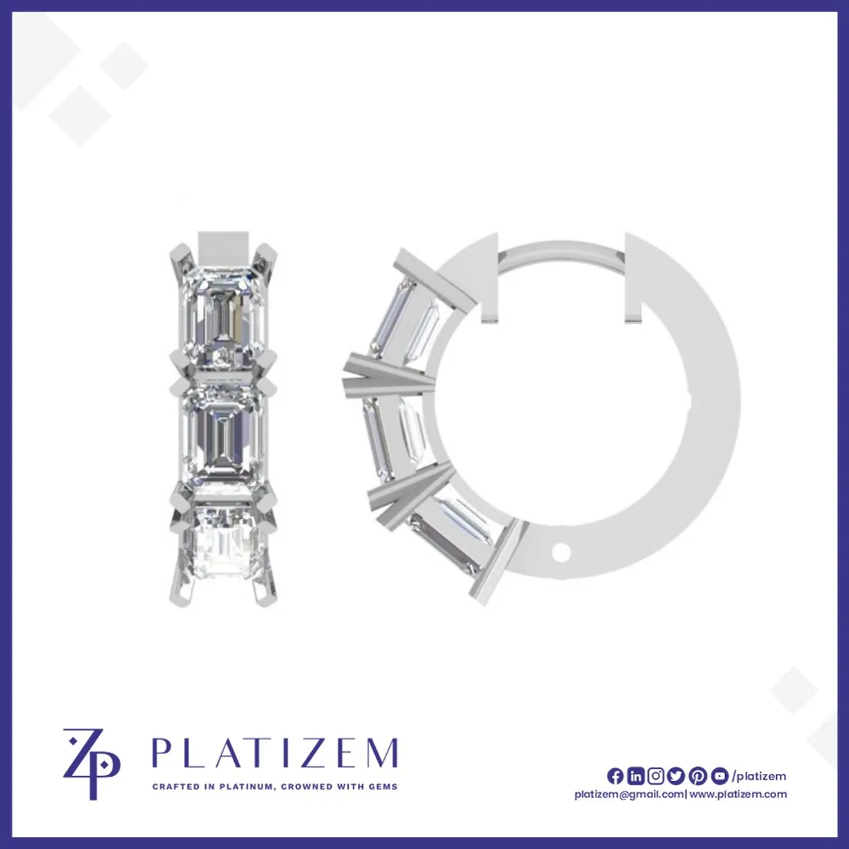 Three Emerald Cut Diamonds Stacked Vertically Inside a Prong Set Hoop