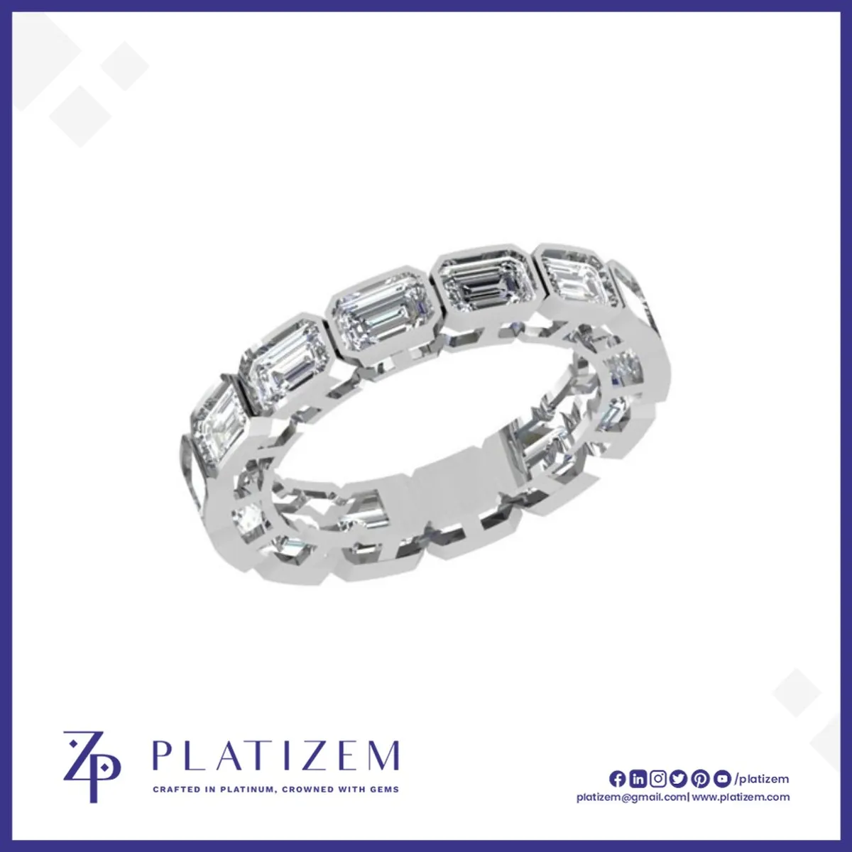 Bezel Set Emerald Cut Diamonds Circling the Band End to End