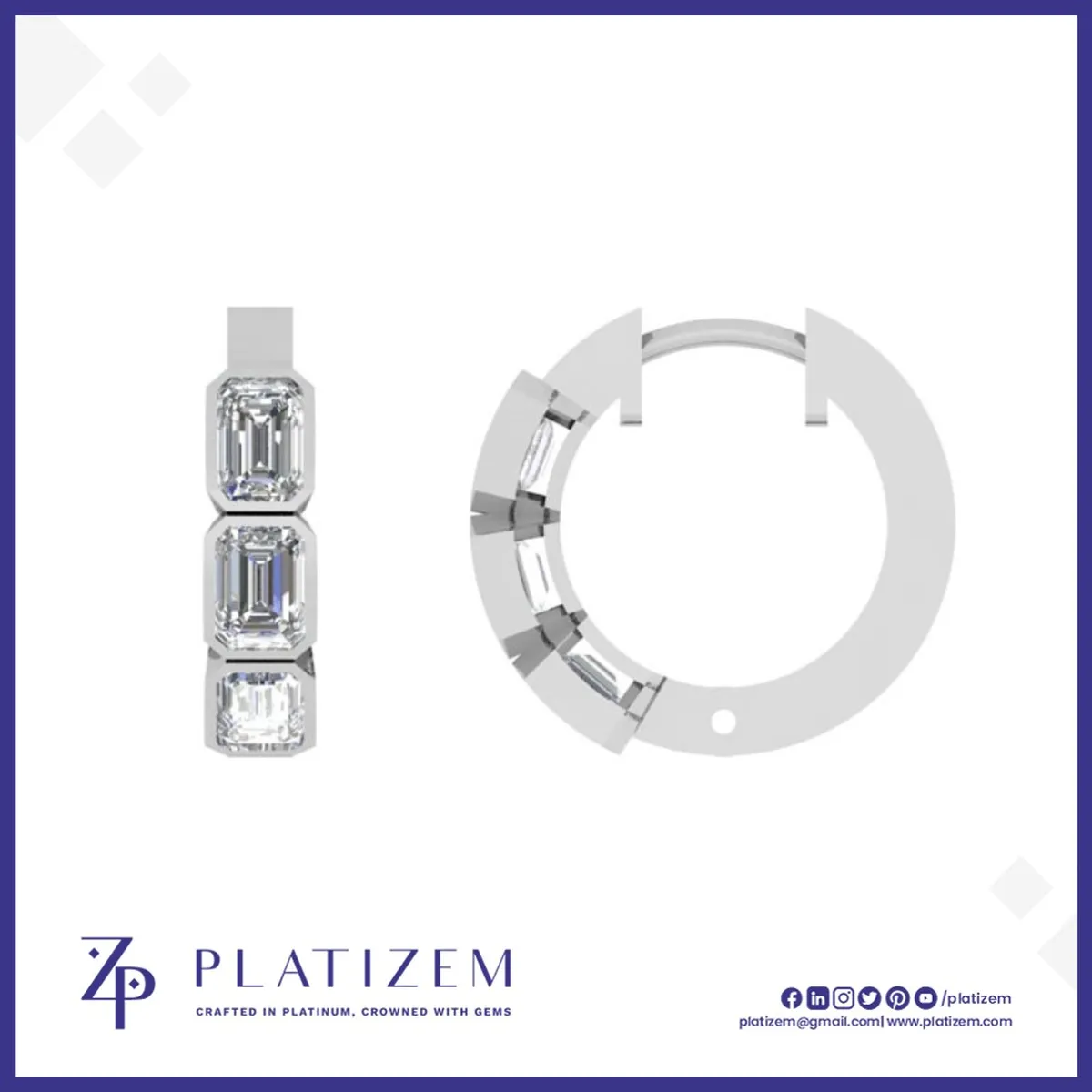 Three Bezel Set Emerald Cut Diamonds Stacked Inside a Huggie Hoop