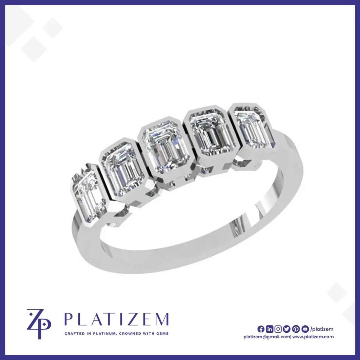Five Bezel Set Emerald Cut Diamonds Lined Across a Clean Modern Band