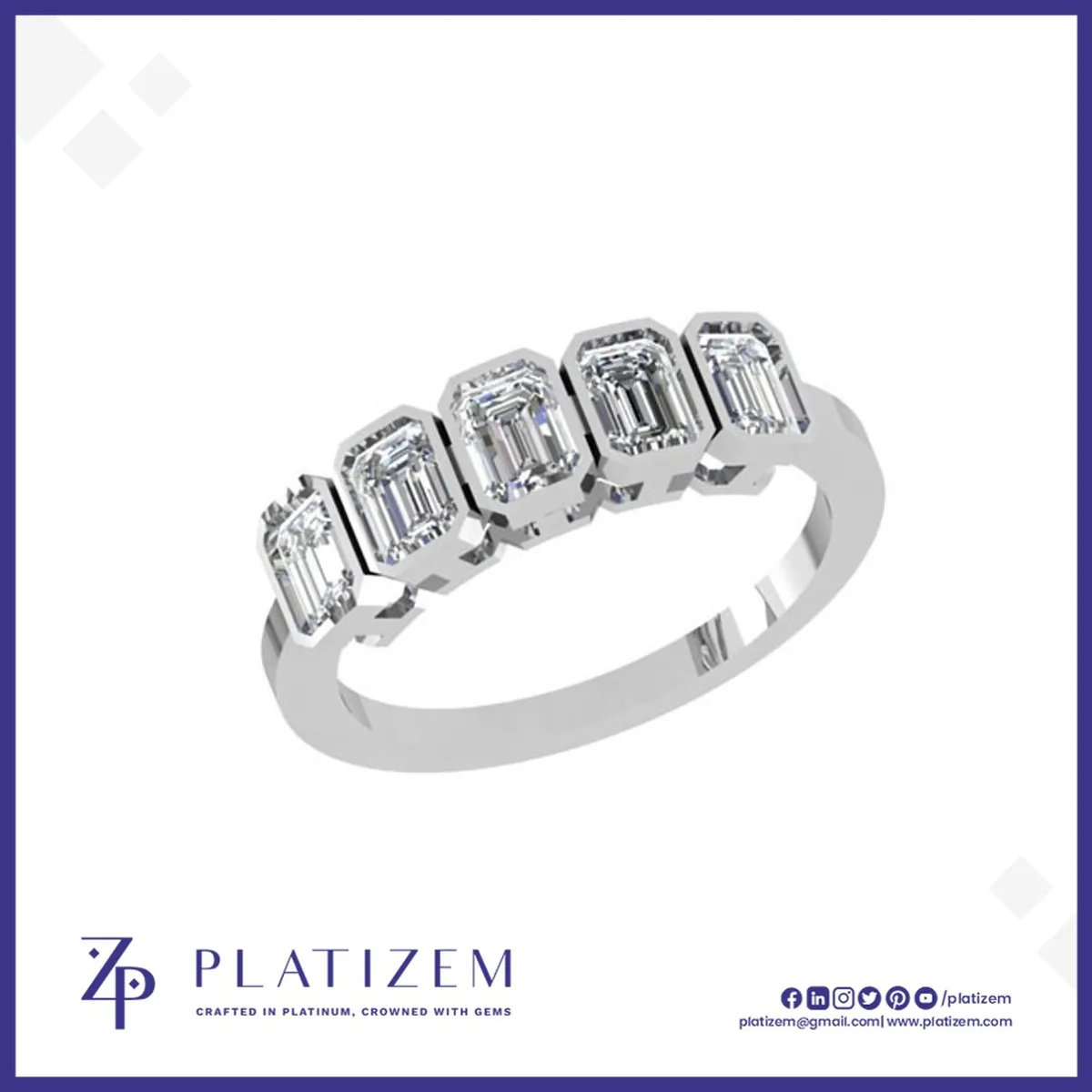 Five Emerald Cut Diamonds Framed Individually in Modern Bezel Settings
