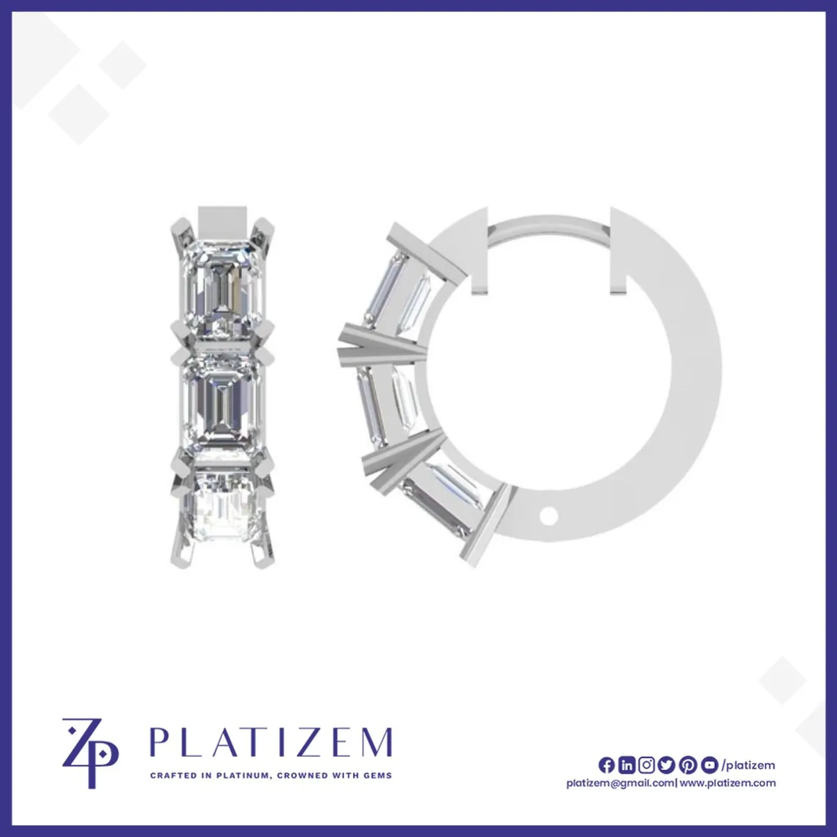 Emerald Cut Diamond Hoop Earrings Featuring a Vertical Three Stone Row