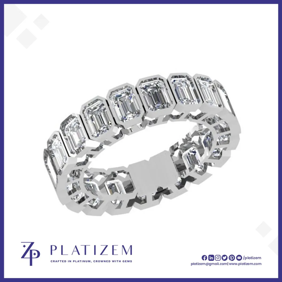 Emerald Cut Diamond Eternity Band Wrapped in Individual Bezel Frames