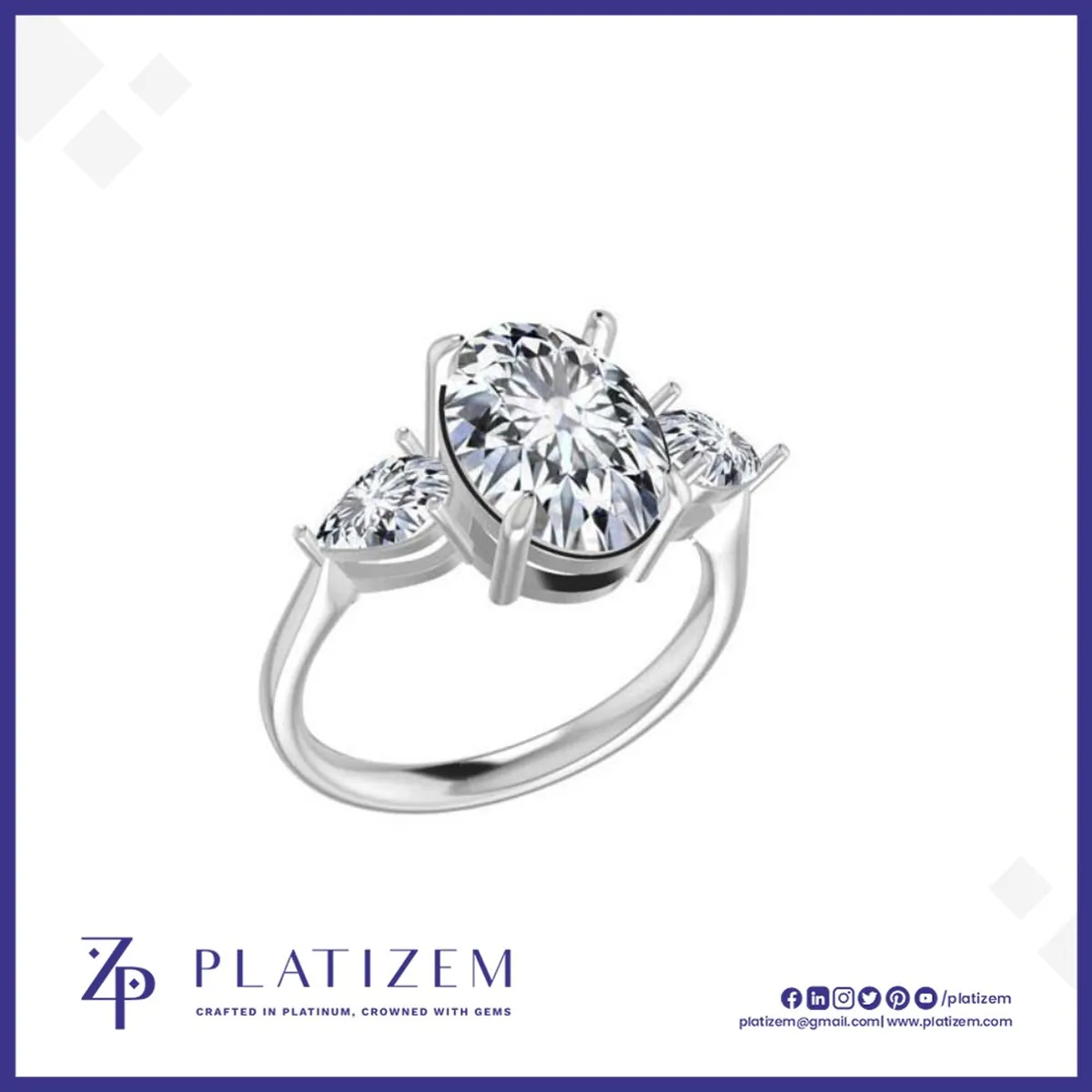 Oval Cut Diamond Ring Flanked by Pear Shape Diamonds on Either Side