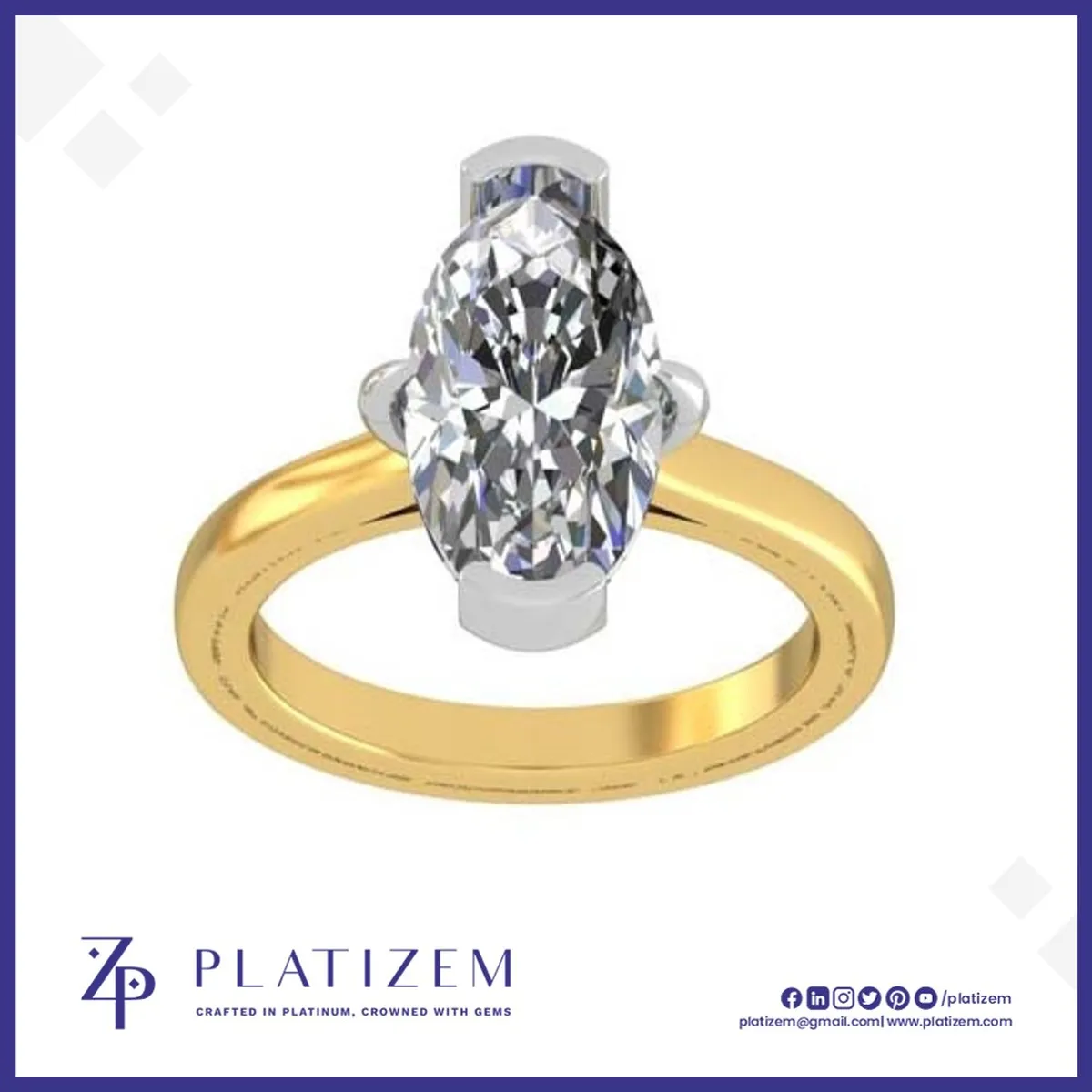 Elongated Oval Cut Diamond Solitaire Ring Featuring a Two Tone Prong Setting